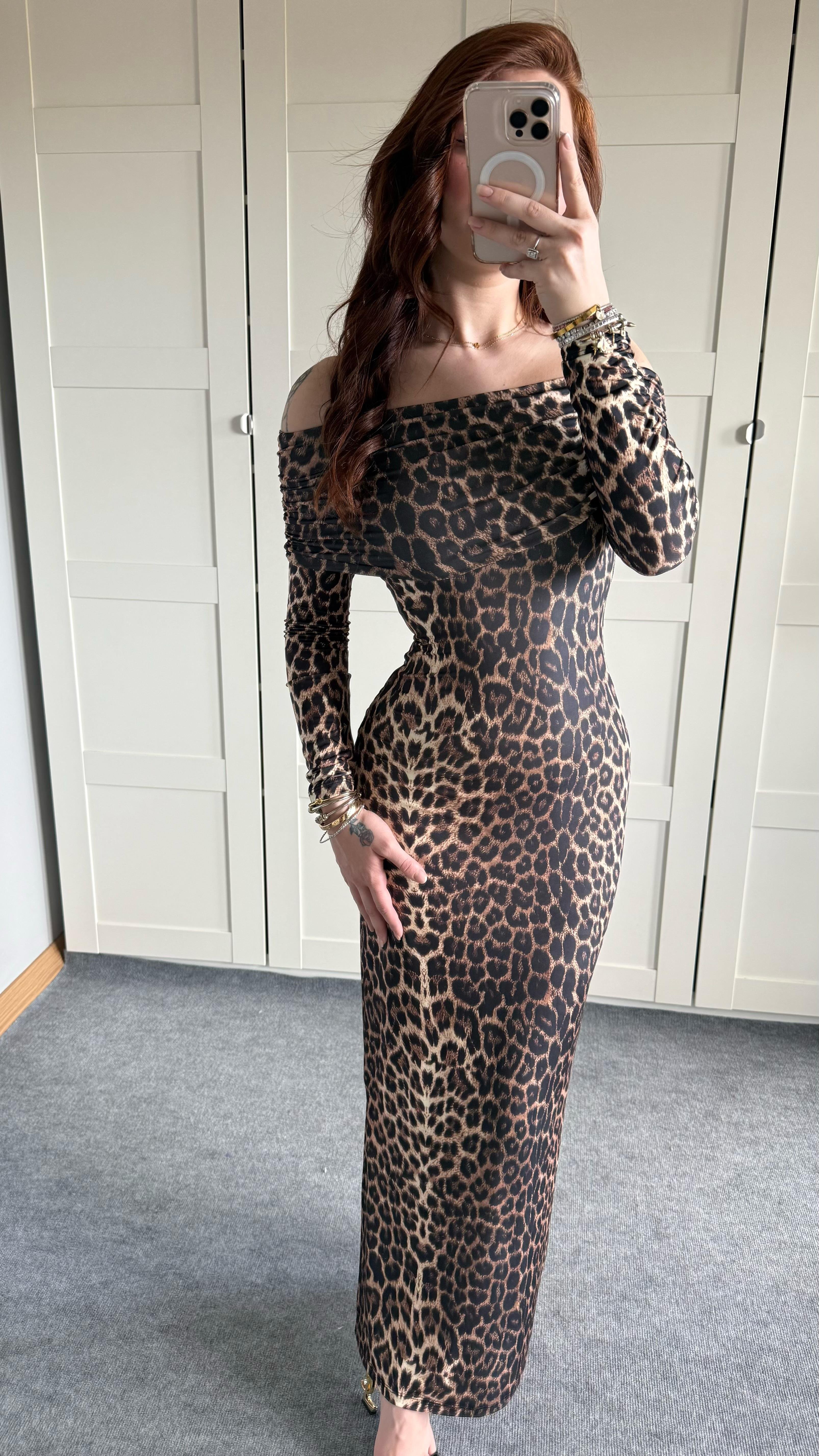 Leila Madonna Yaka Uzun Elbise Leopar