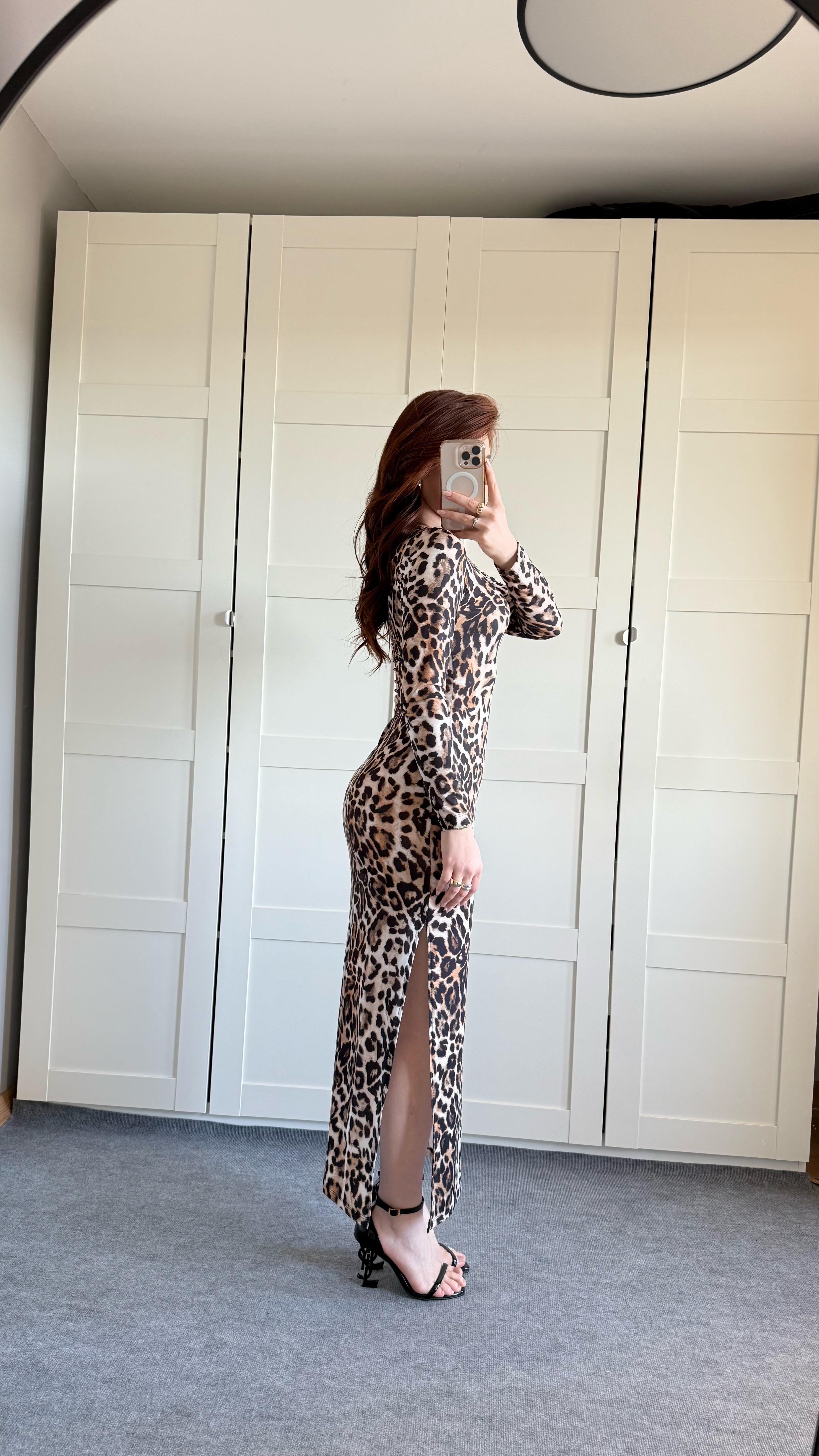 Leopar Basıc Yırtmaçlı Elbise Kahverengi 