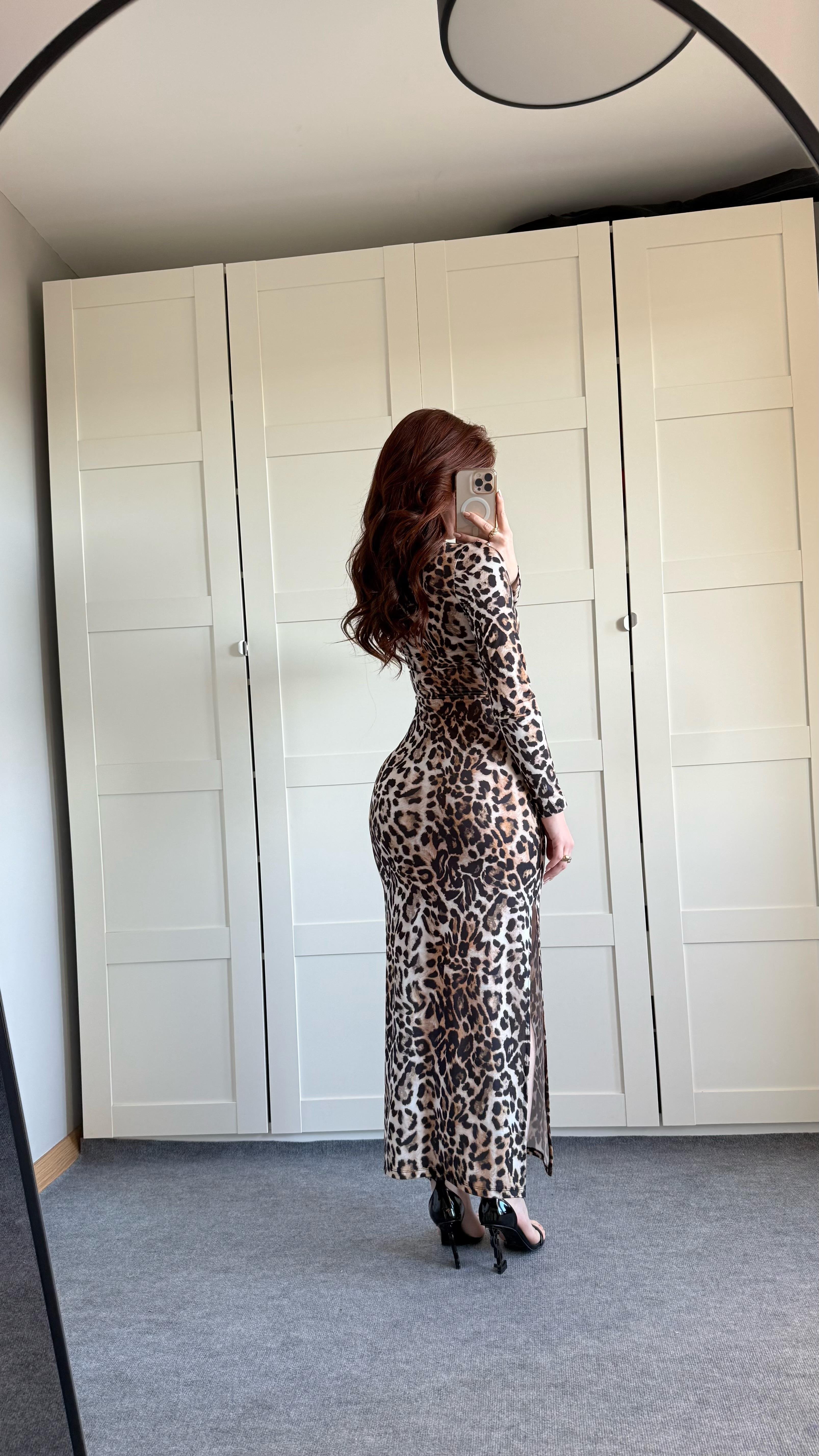 Leopar Basıc Yırtmaçlı Elbise Kahverengi 