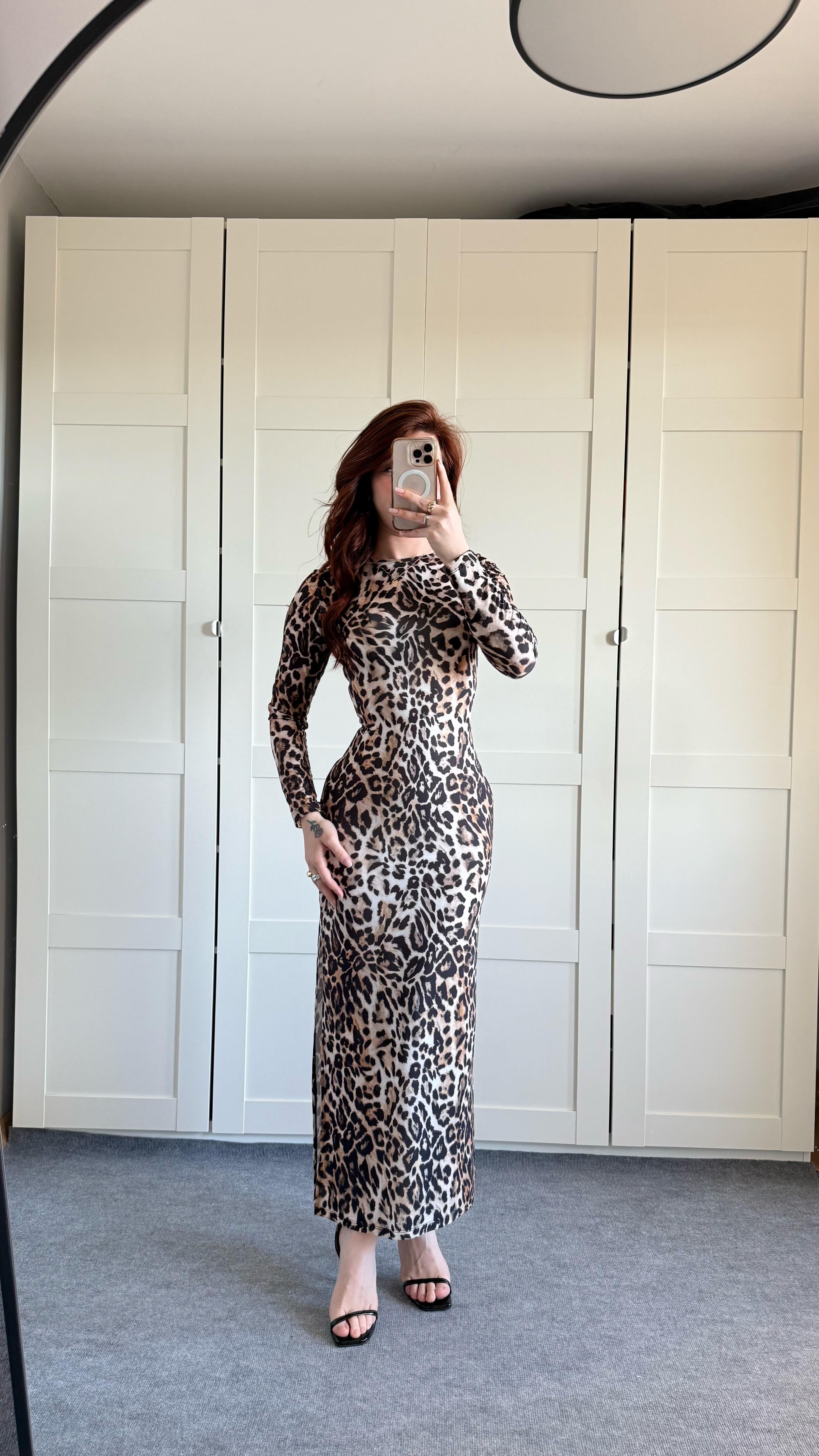 Leopar Basıc Yırtmaçlı Elbise Kahverengi 