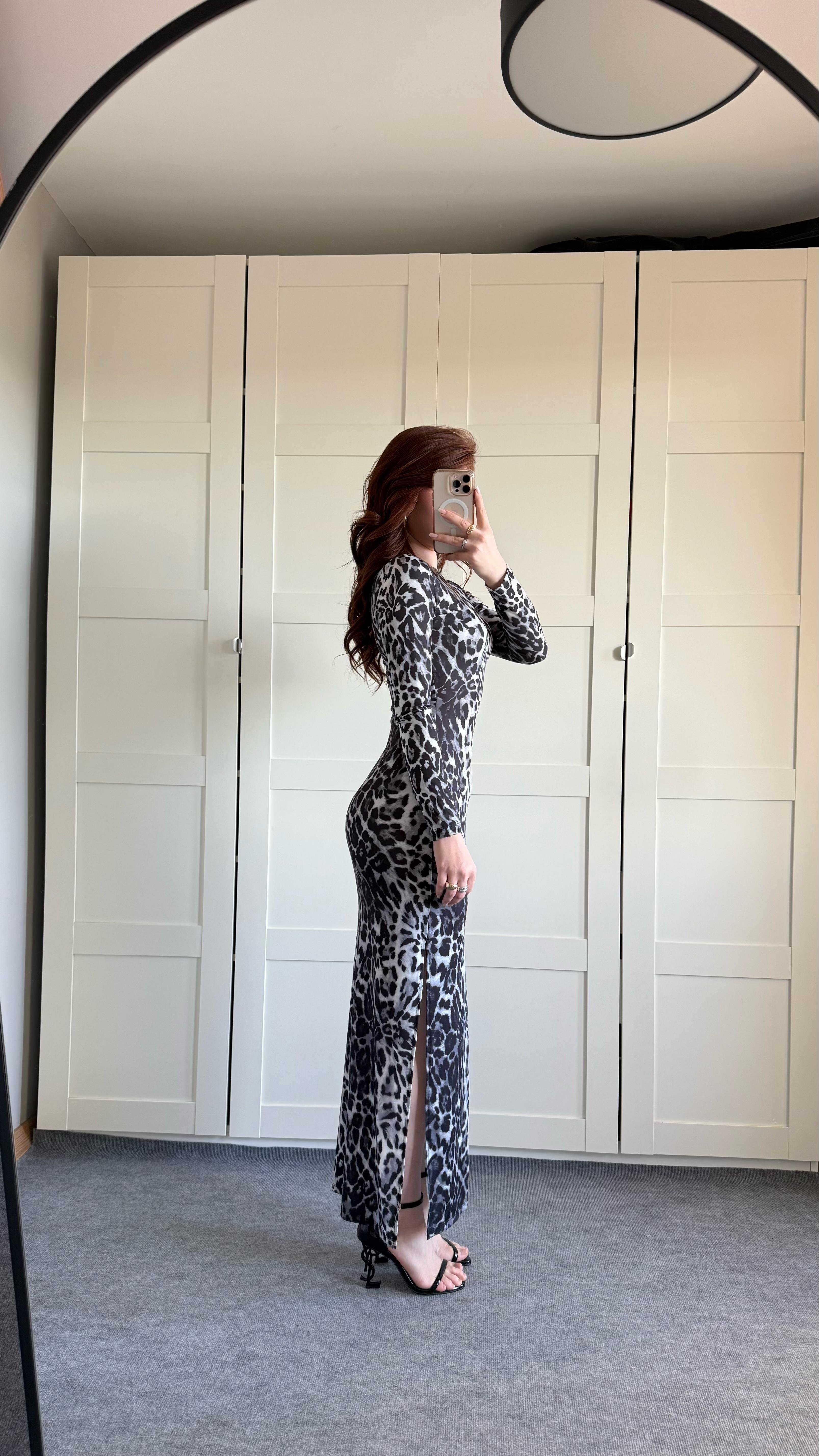 Leopar Basıc Yırtmaçlı Elbise Siyah