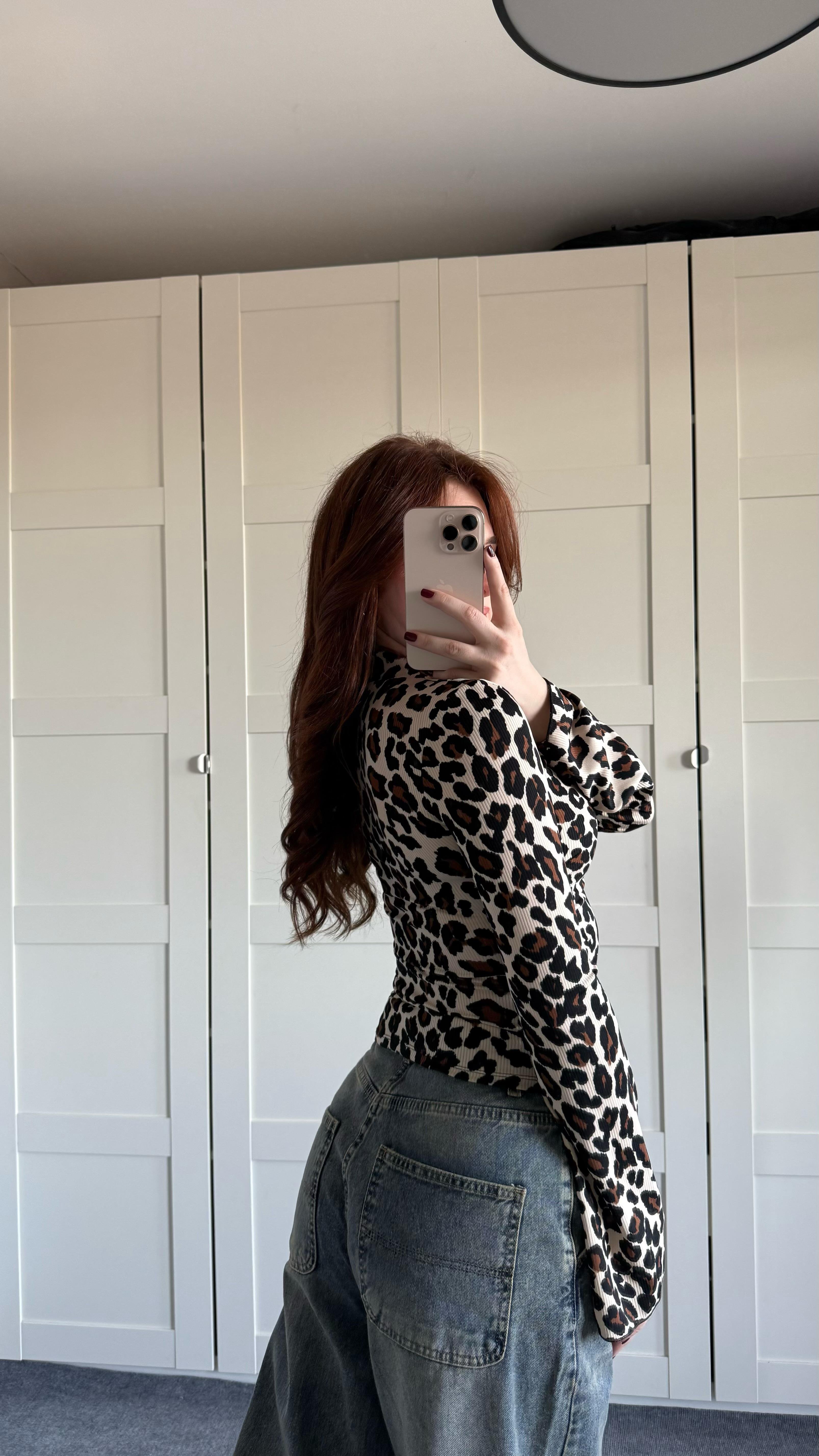 Leopar Bel Büzgülü İspanyol Kol Bluz