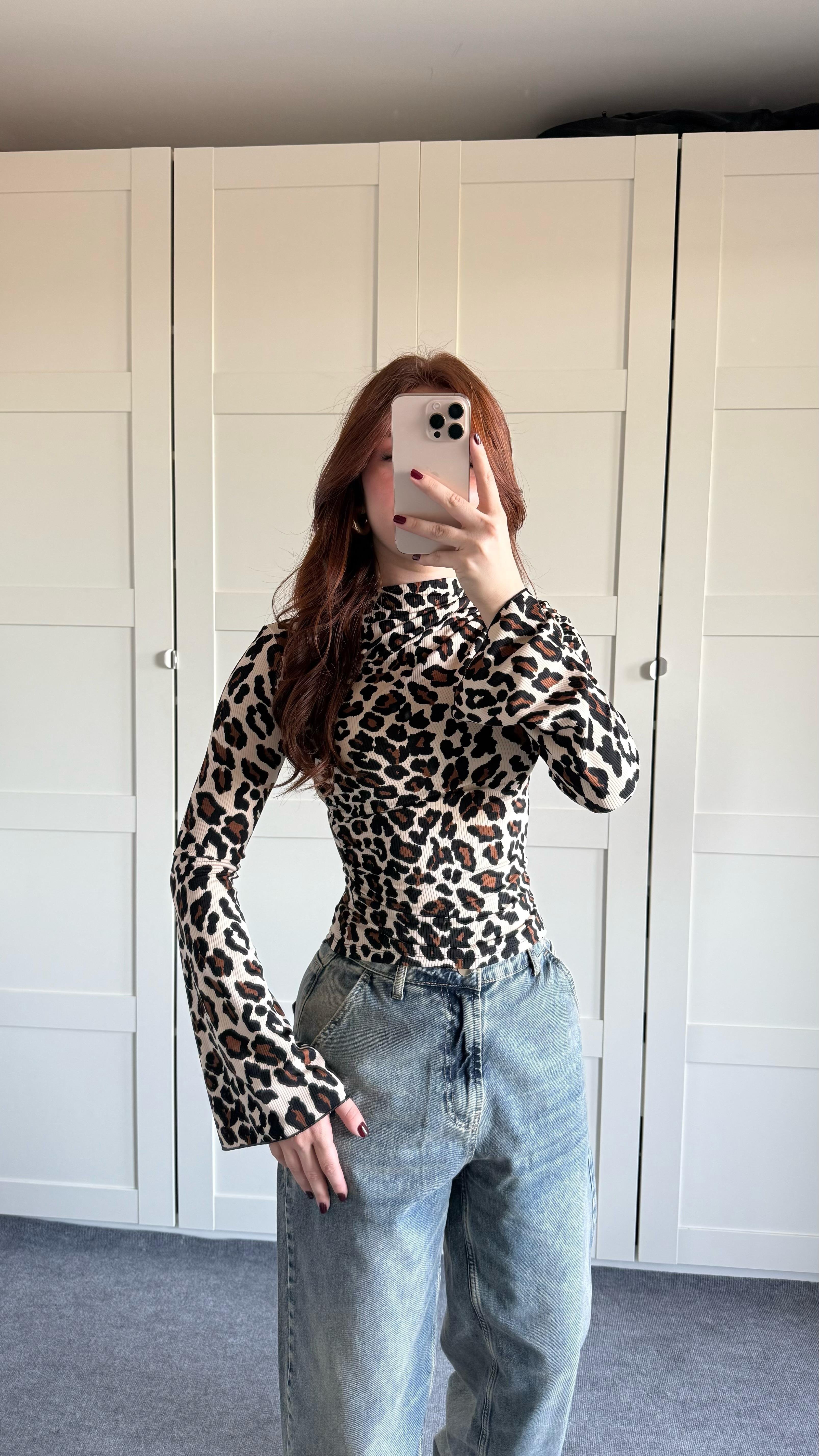 Leopar Bel Büzgülü İspanyol Kol Bluz