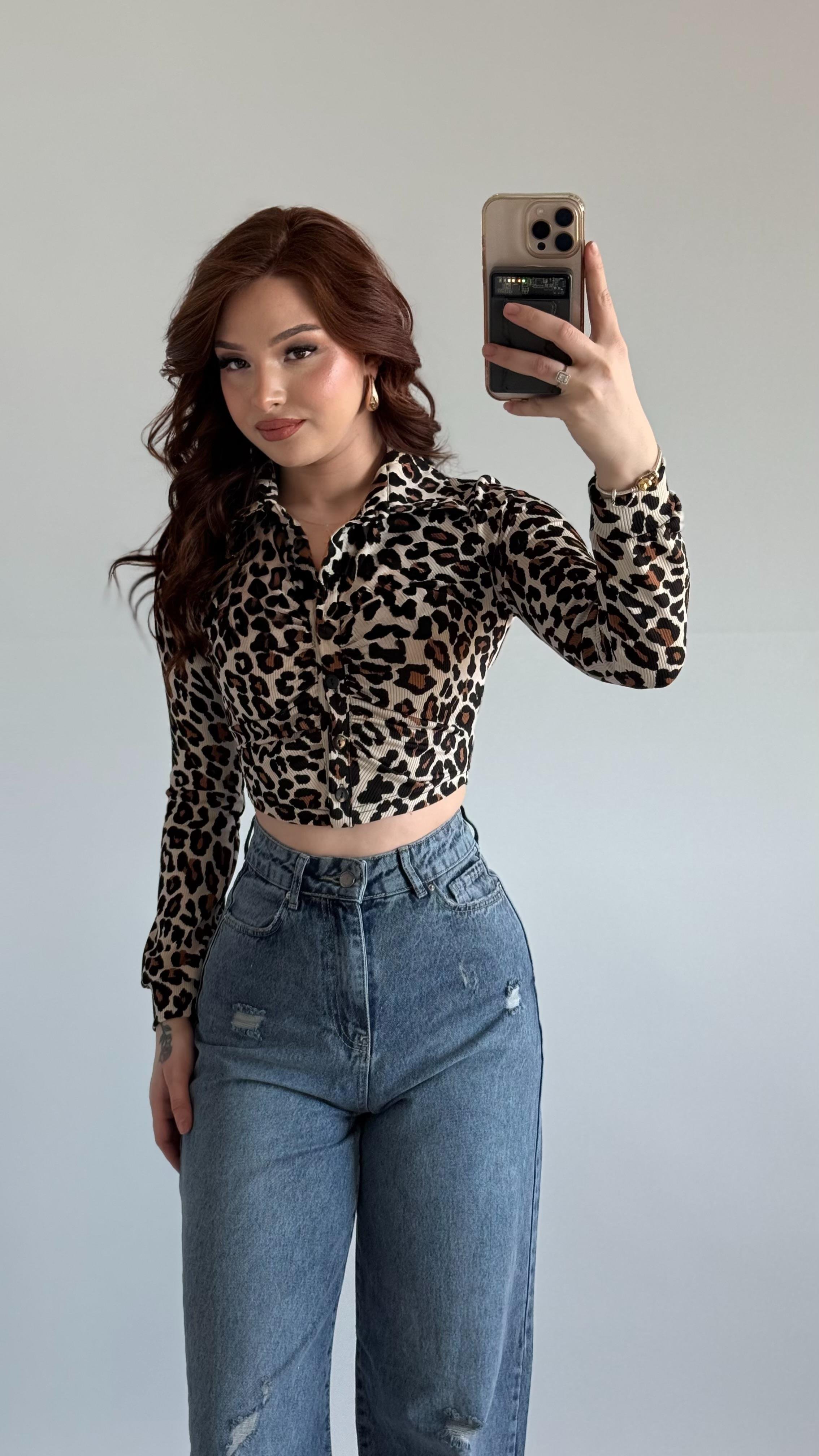 leopar Bürümcük Crop Gömlek