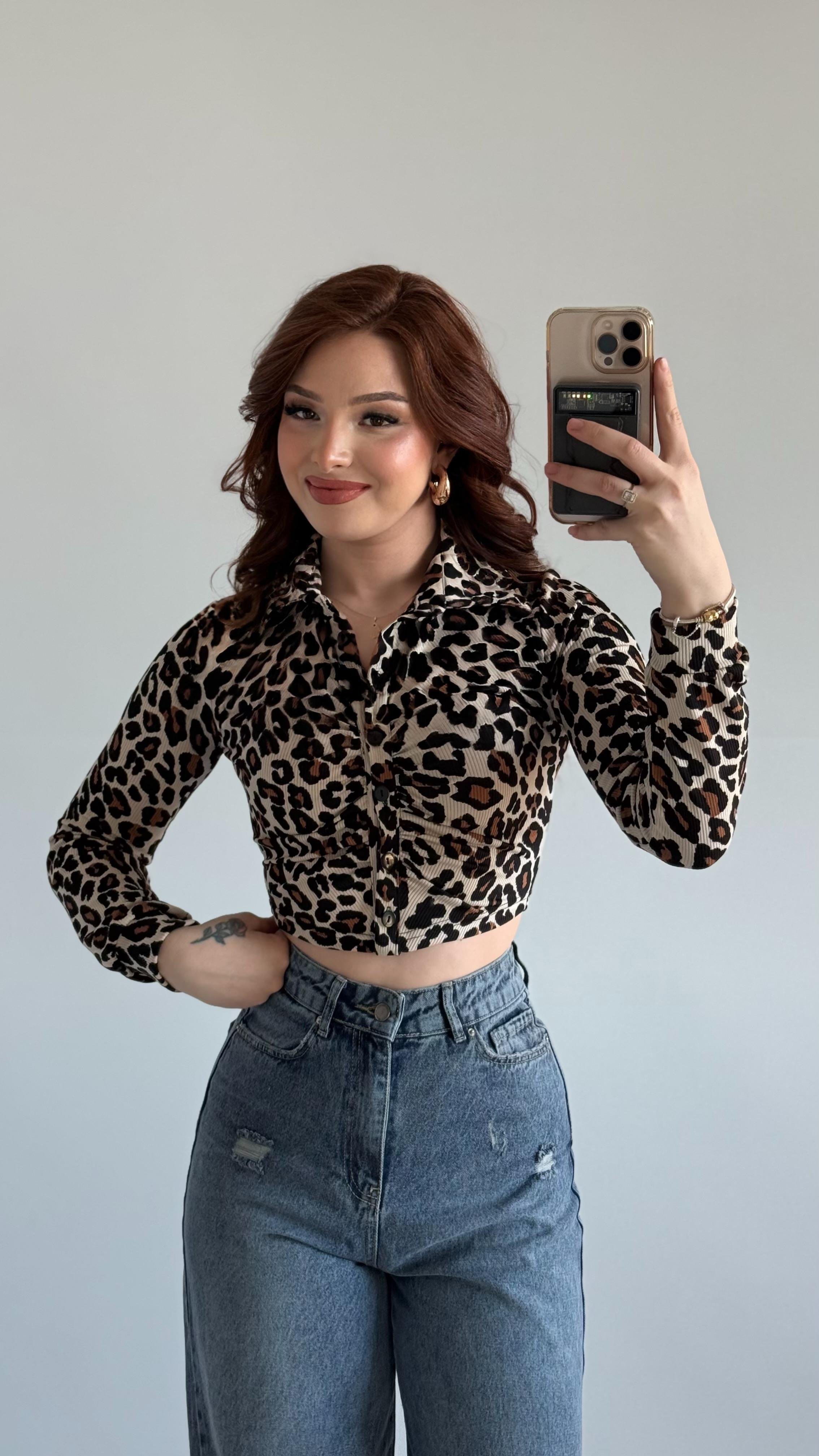 leopar Bürümcük Crop Gömlek