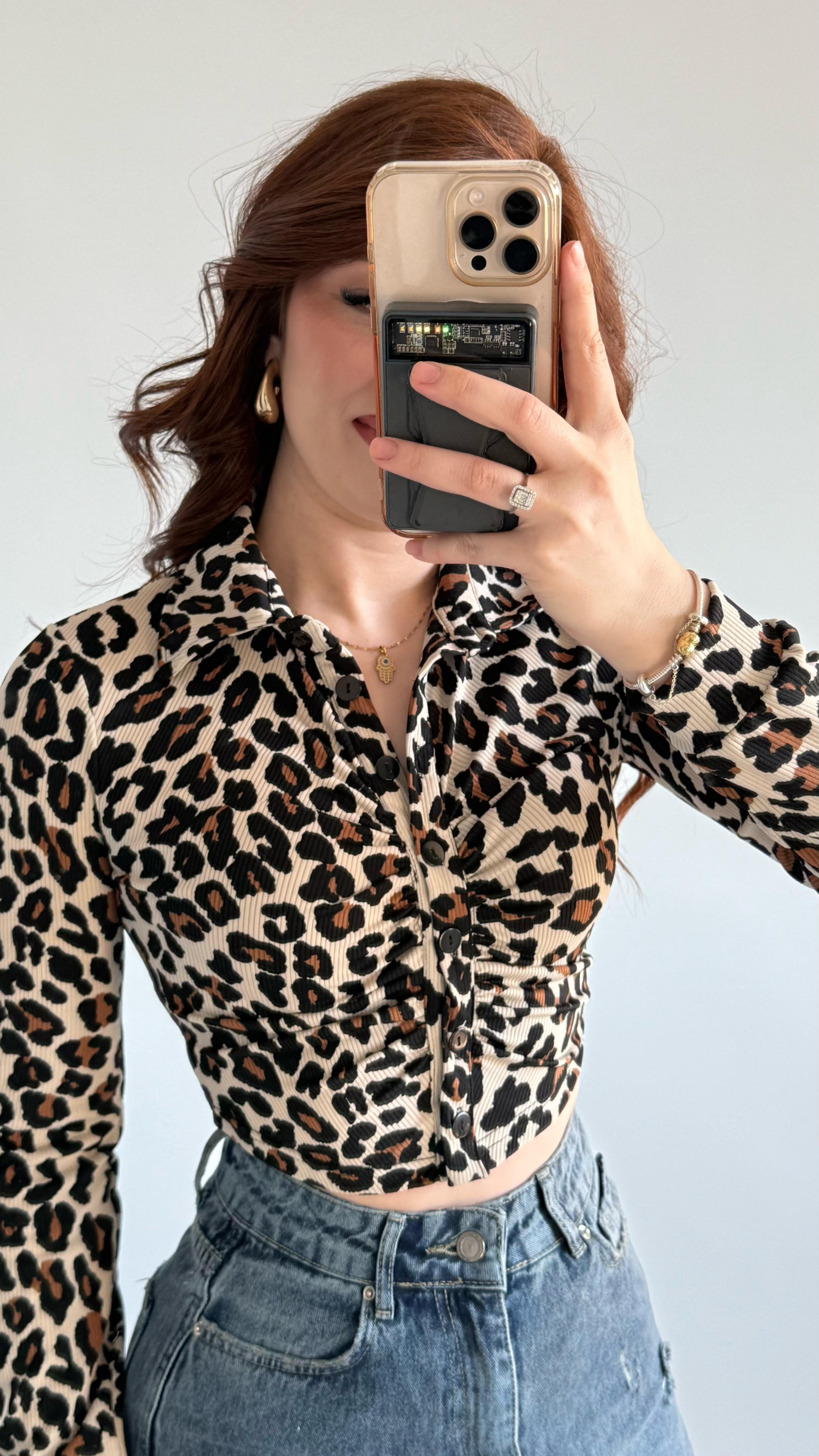 leopar Bürümcük Crop Gömlek