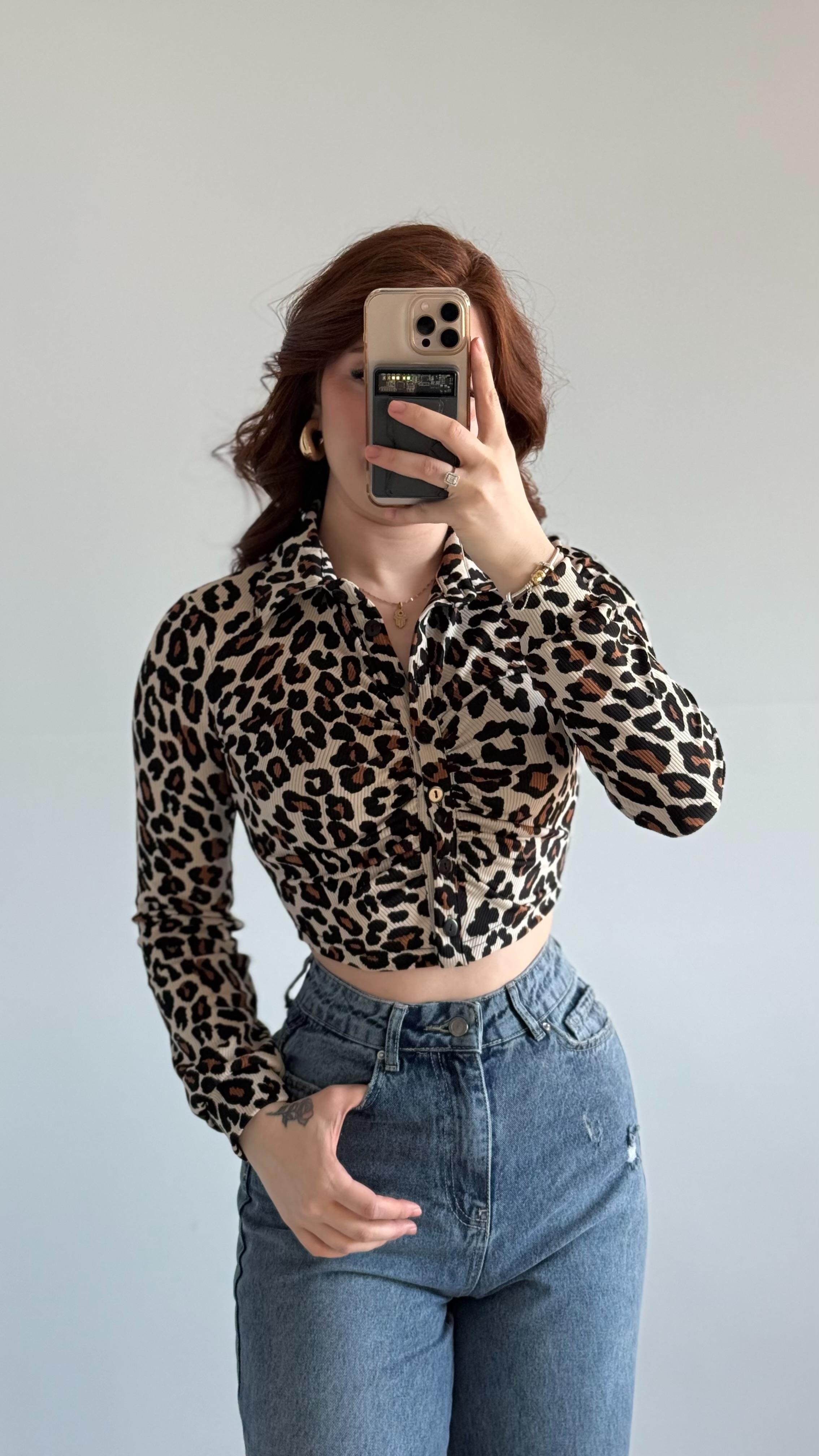leopar Bürümcük Crop Gömlek