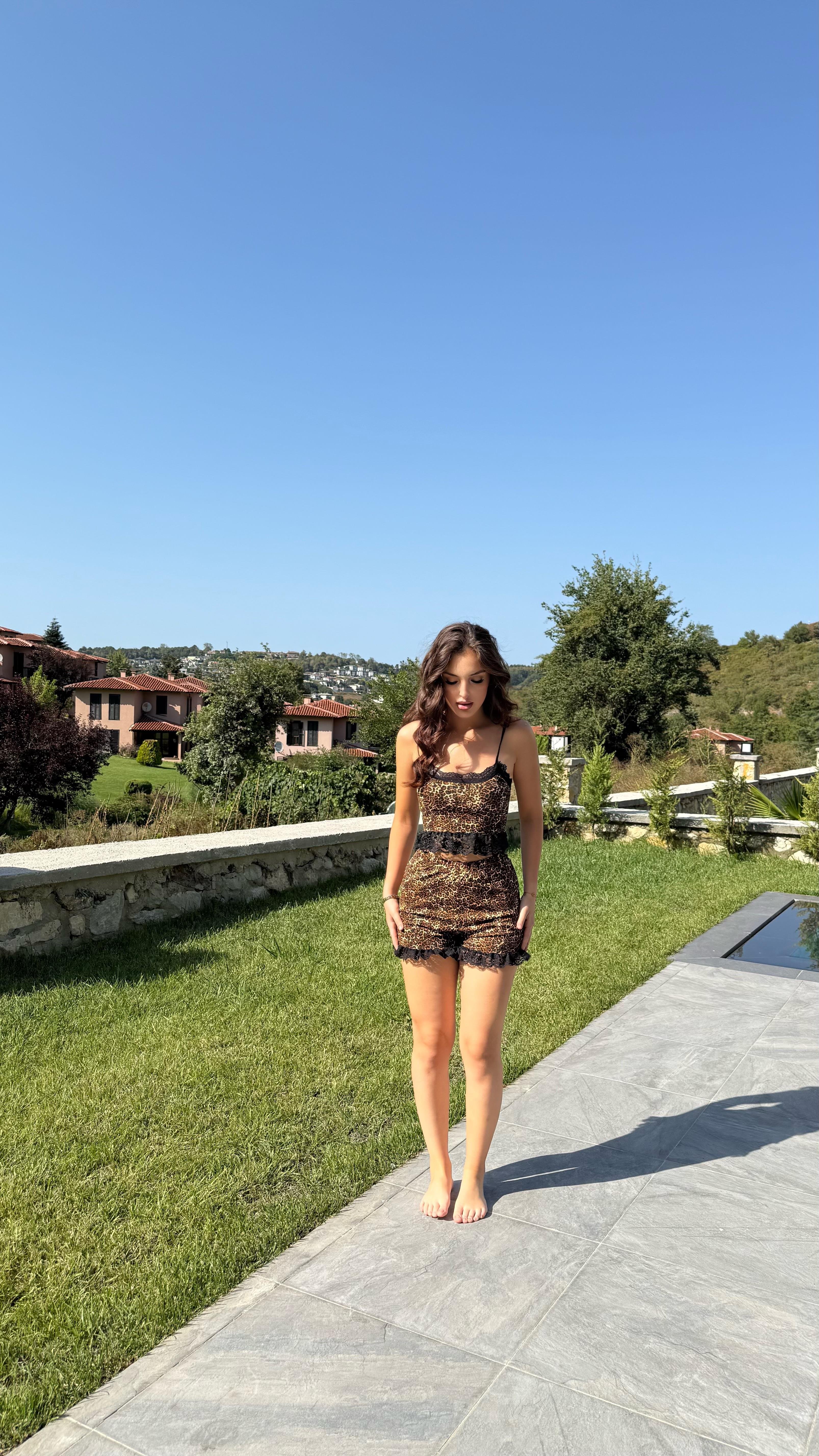 Leopar Dantel Crop Şort Takım