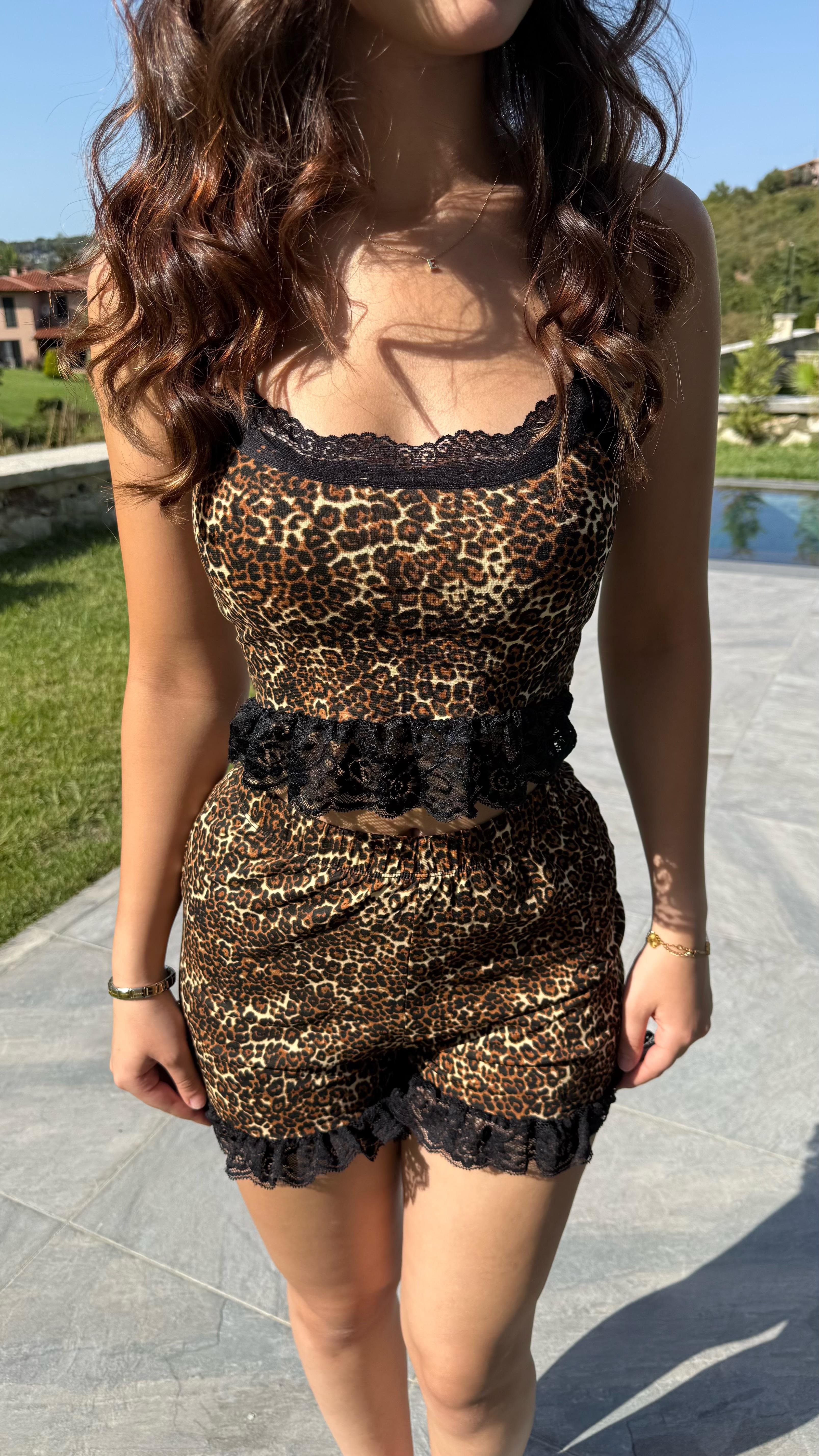 Leopar Dantel Crop Şort Takım