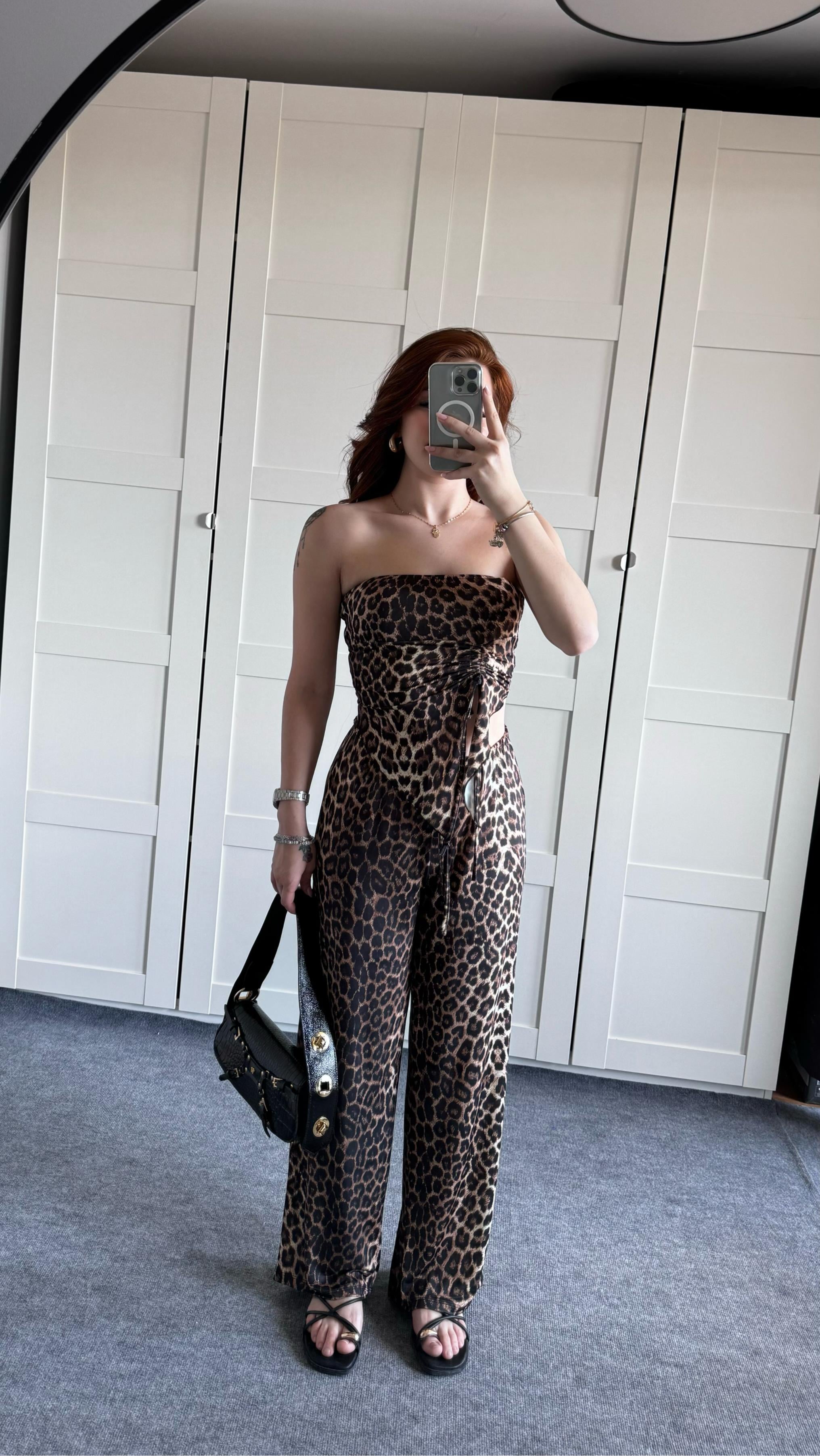 Leopar Koyu Renk Pantolon 