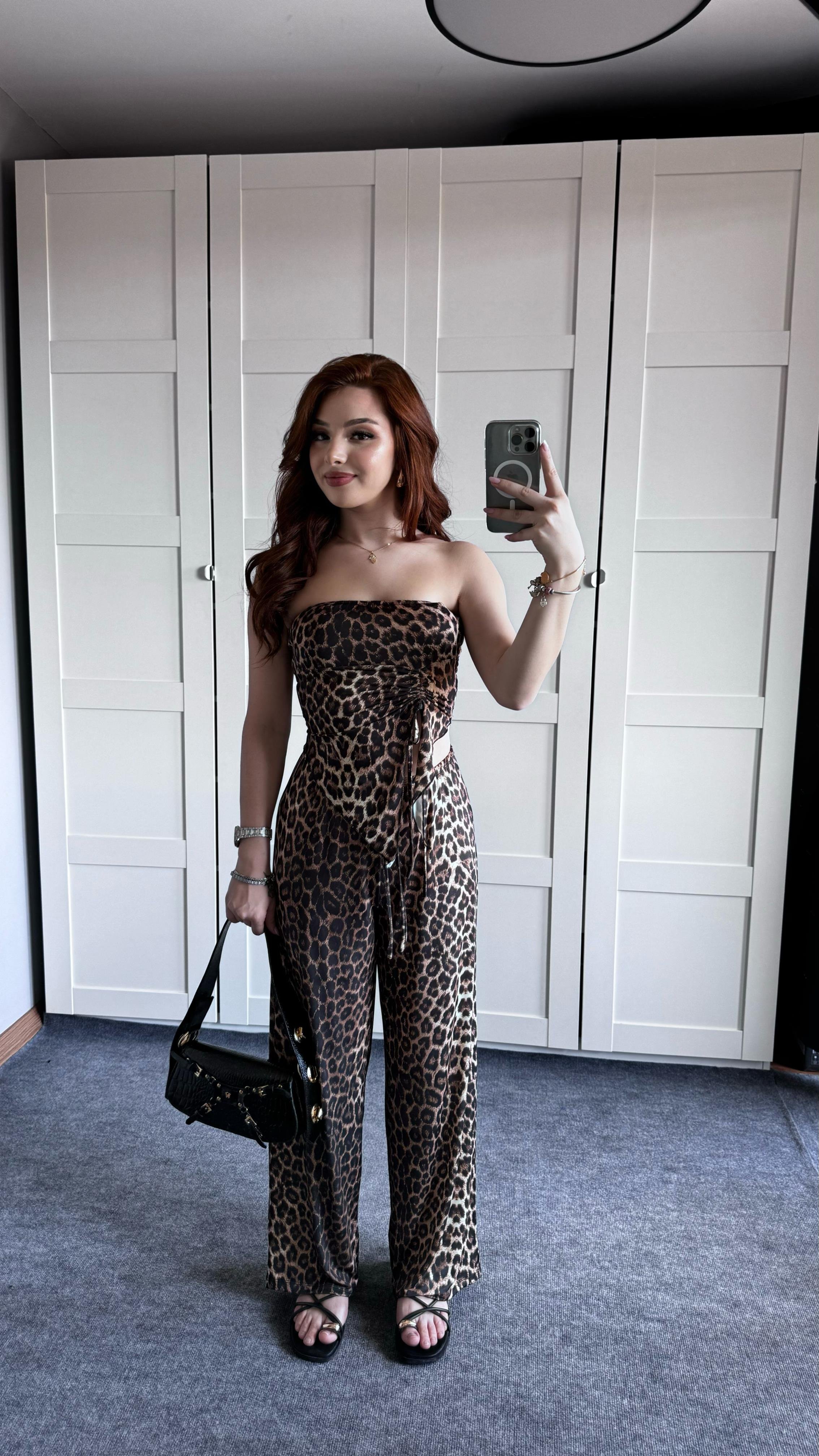 Leopar Koyu Renk Pantolon 