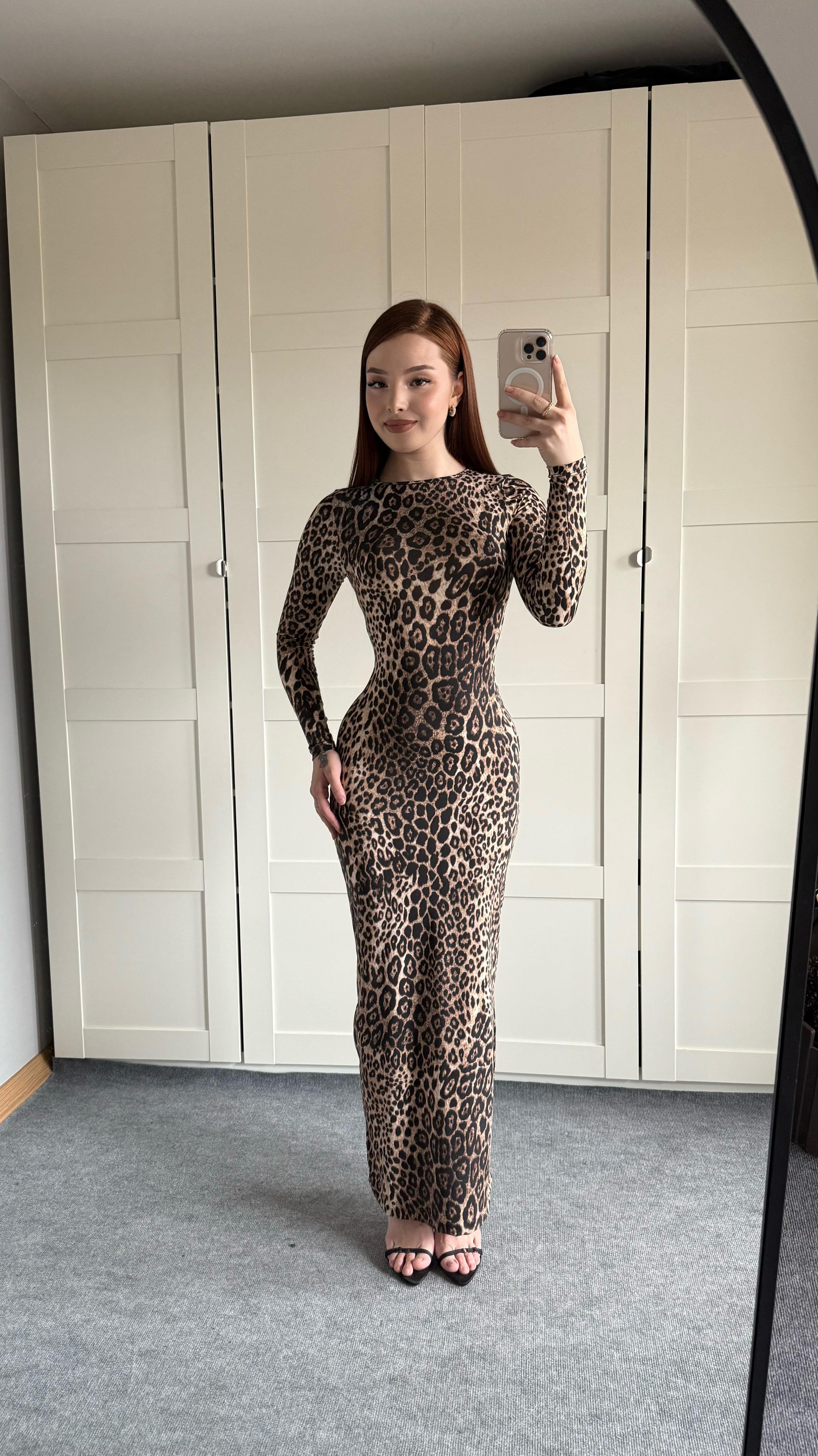 Leopar Maxi Uzun Elbise