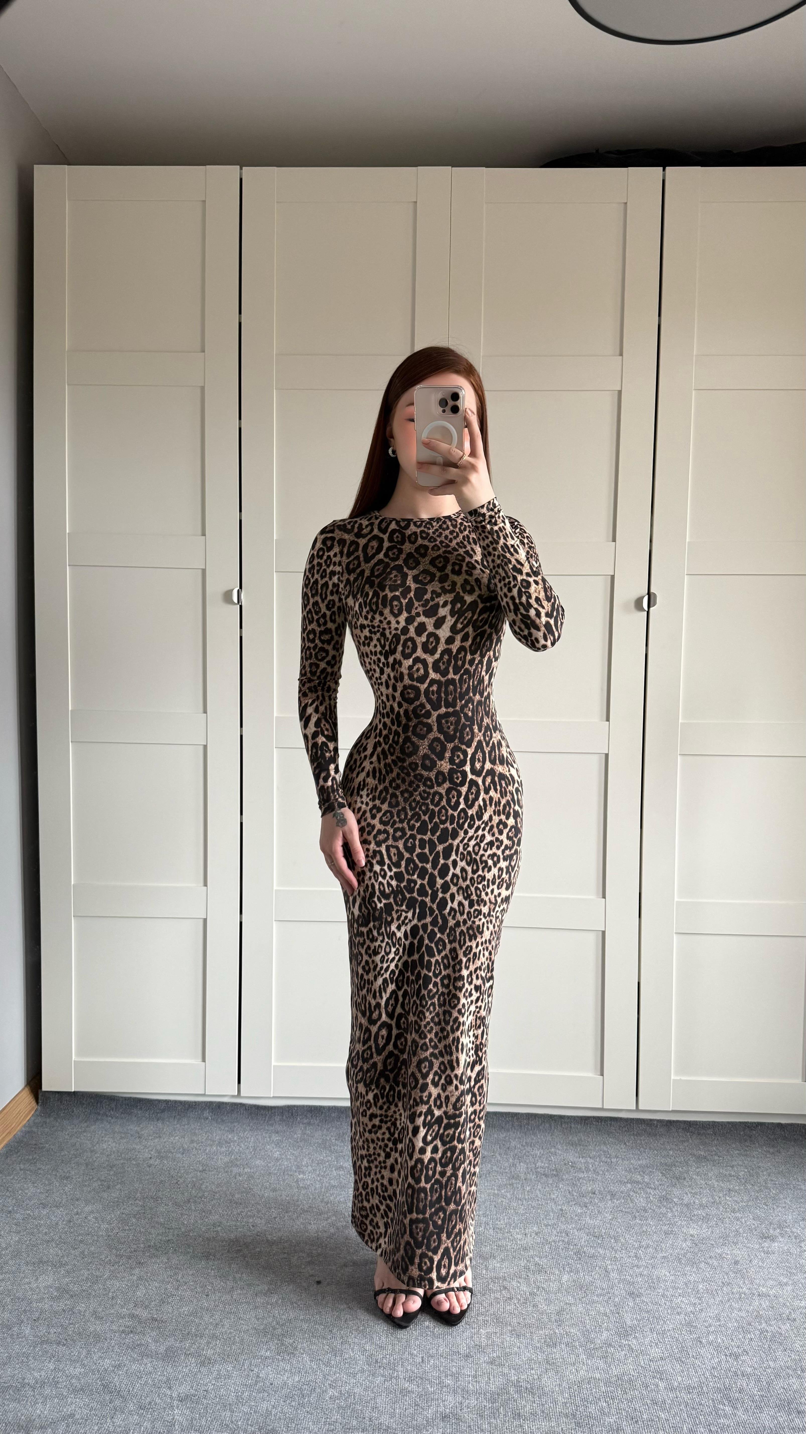 Leopar Maxi Uzun Elbise