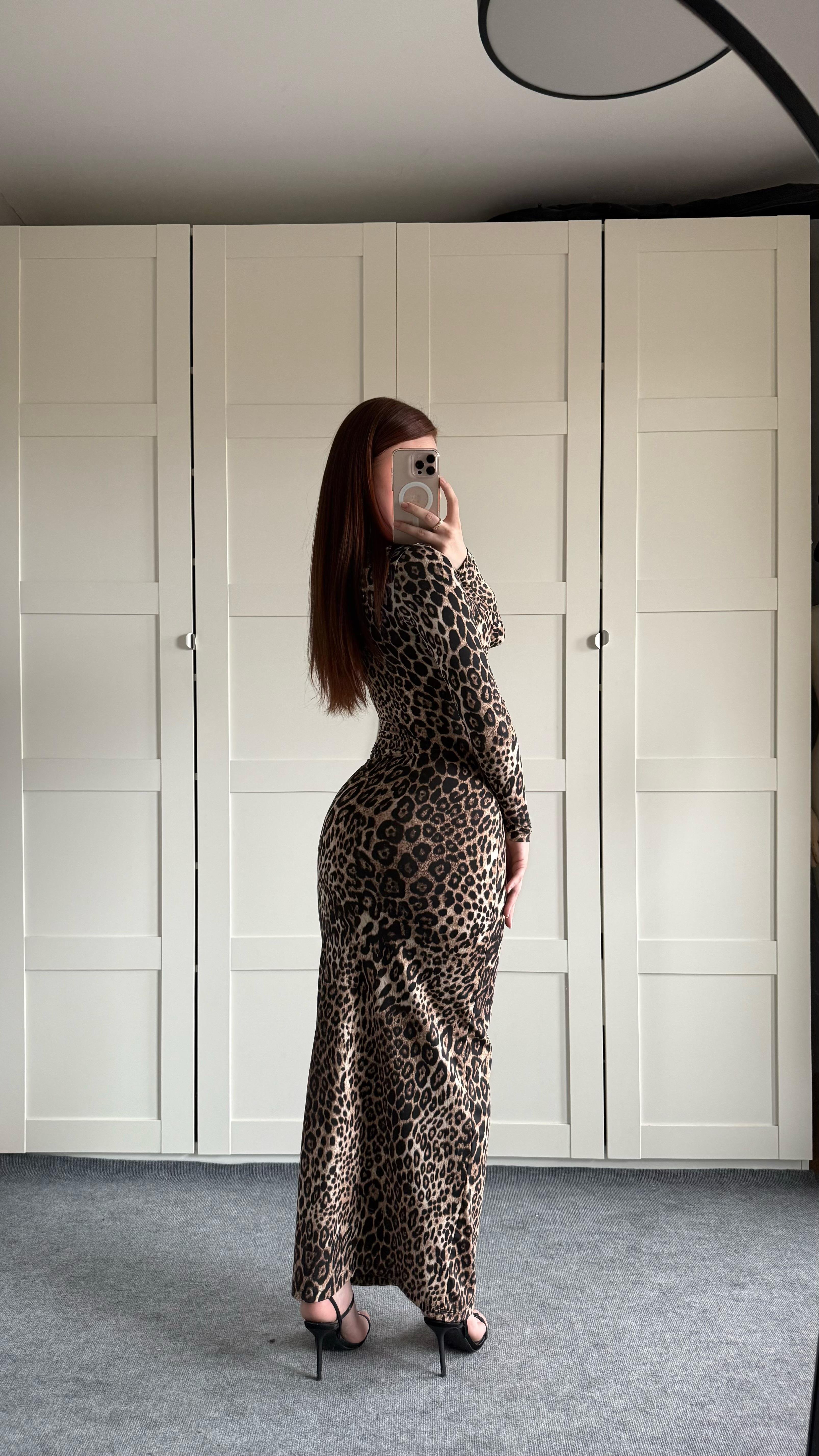 Leopar Maxi Uzun Elbise
