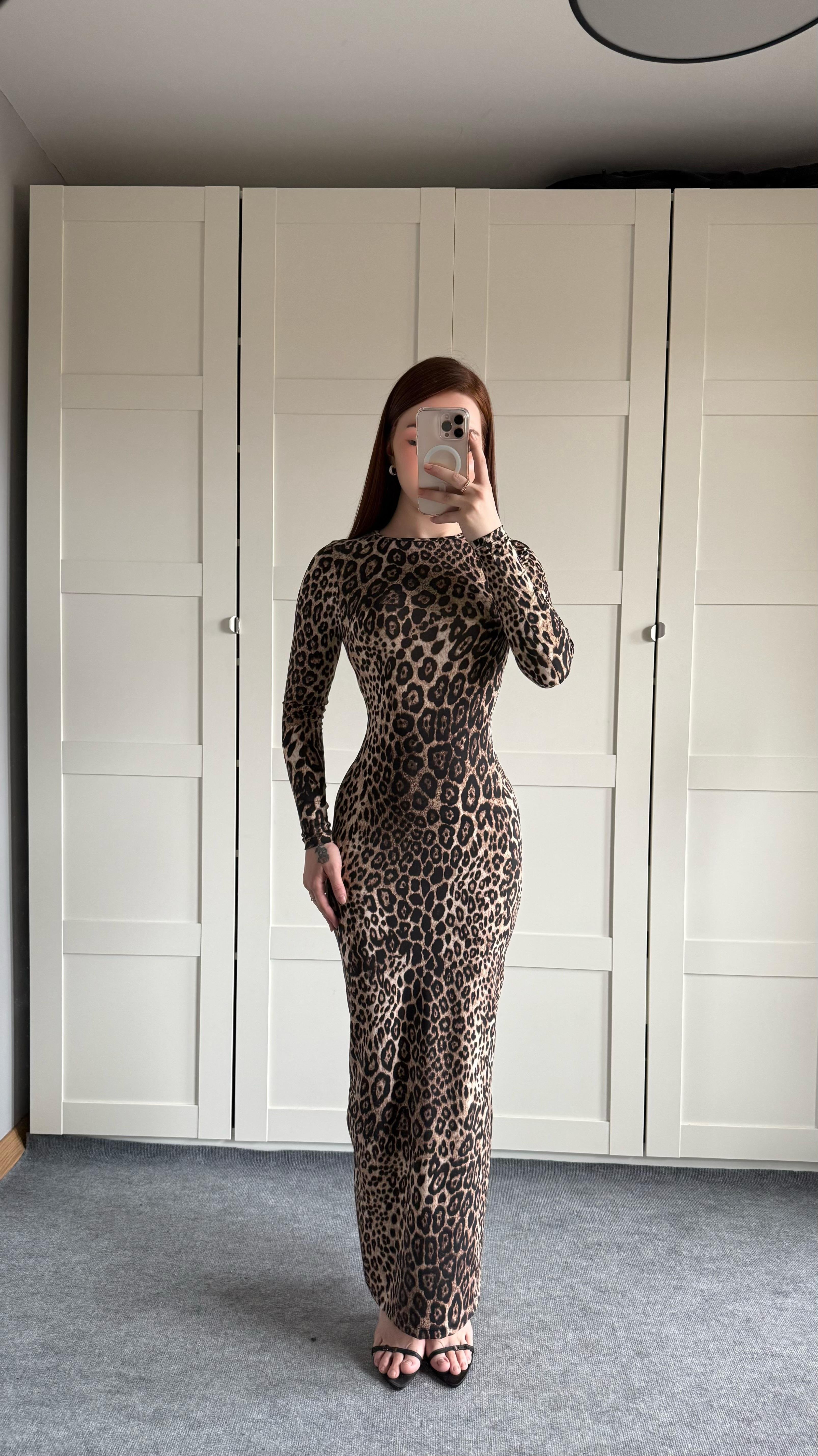 Leopar Maxi Uzun Elbise