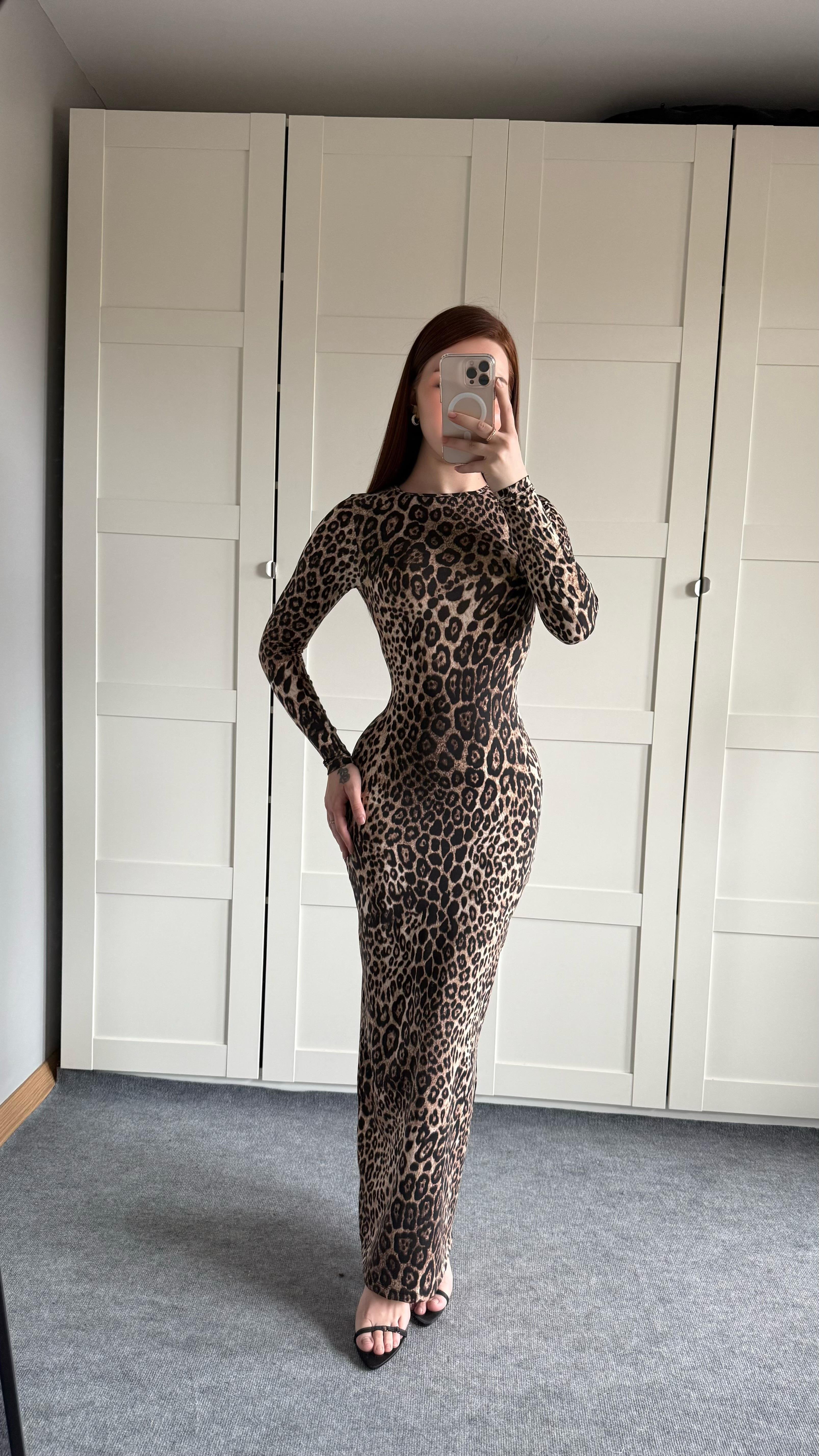 Leopar Maxi Uzun Elbise