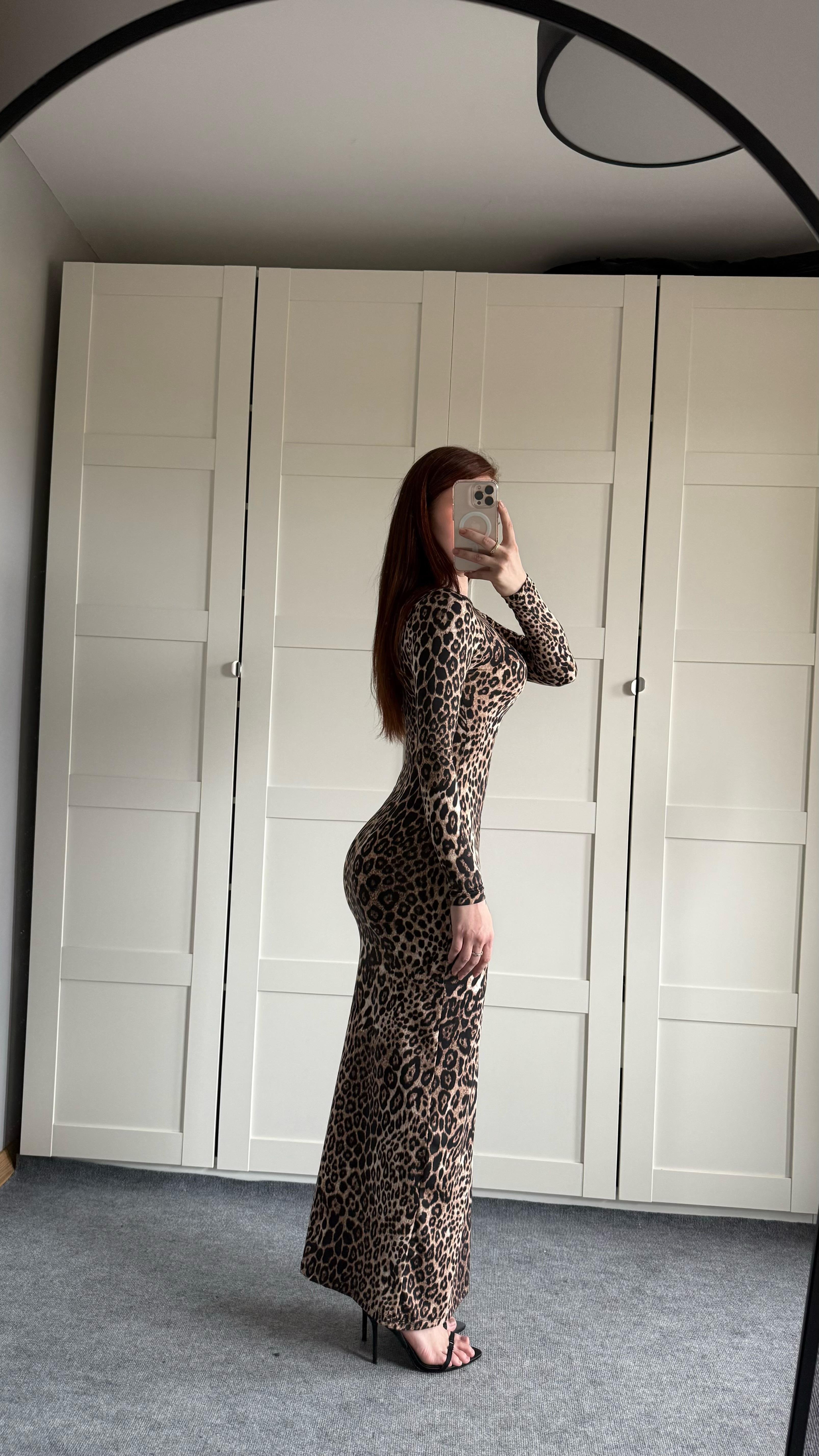 Leopar Maxi Uzun Elbise