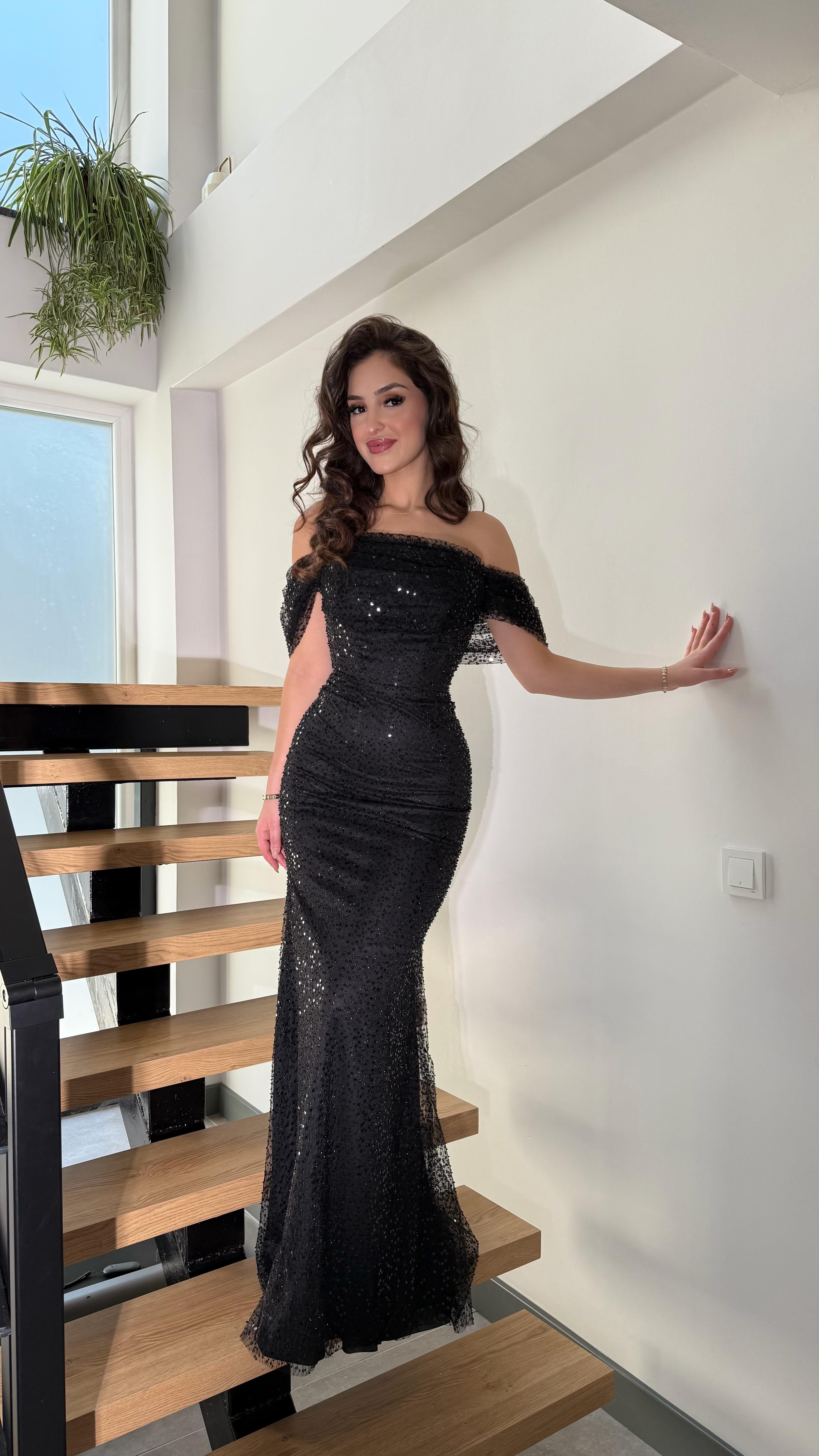 Leyna Madonna Boncuklu Abiye Siyah