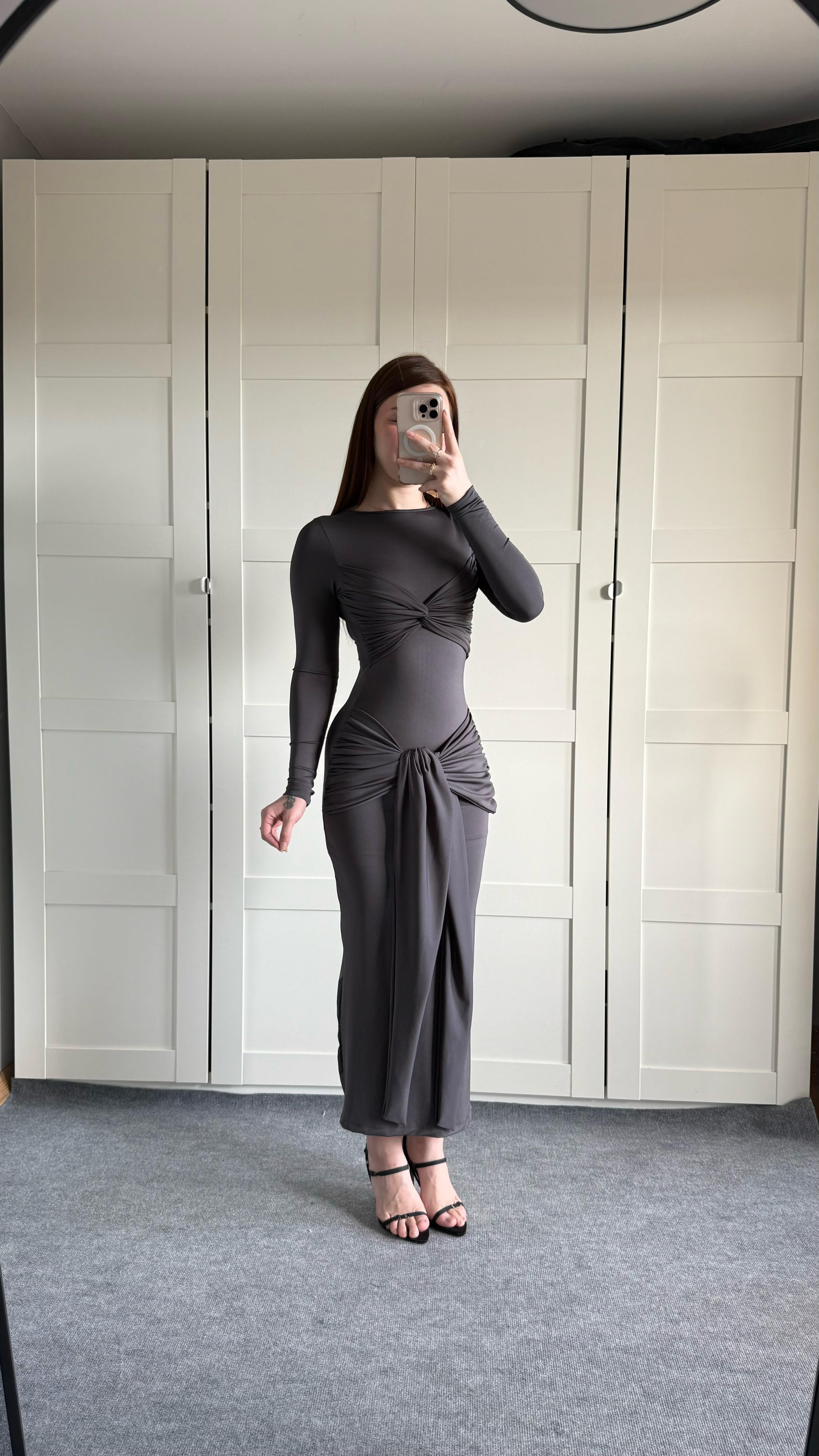 Lilianna Bağlamalı Elbise Füme