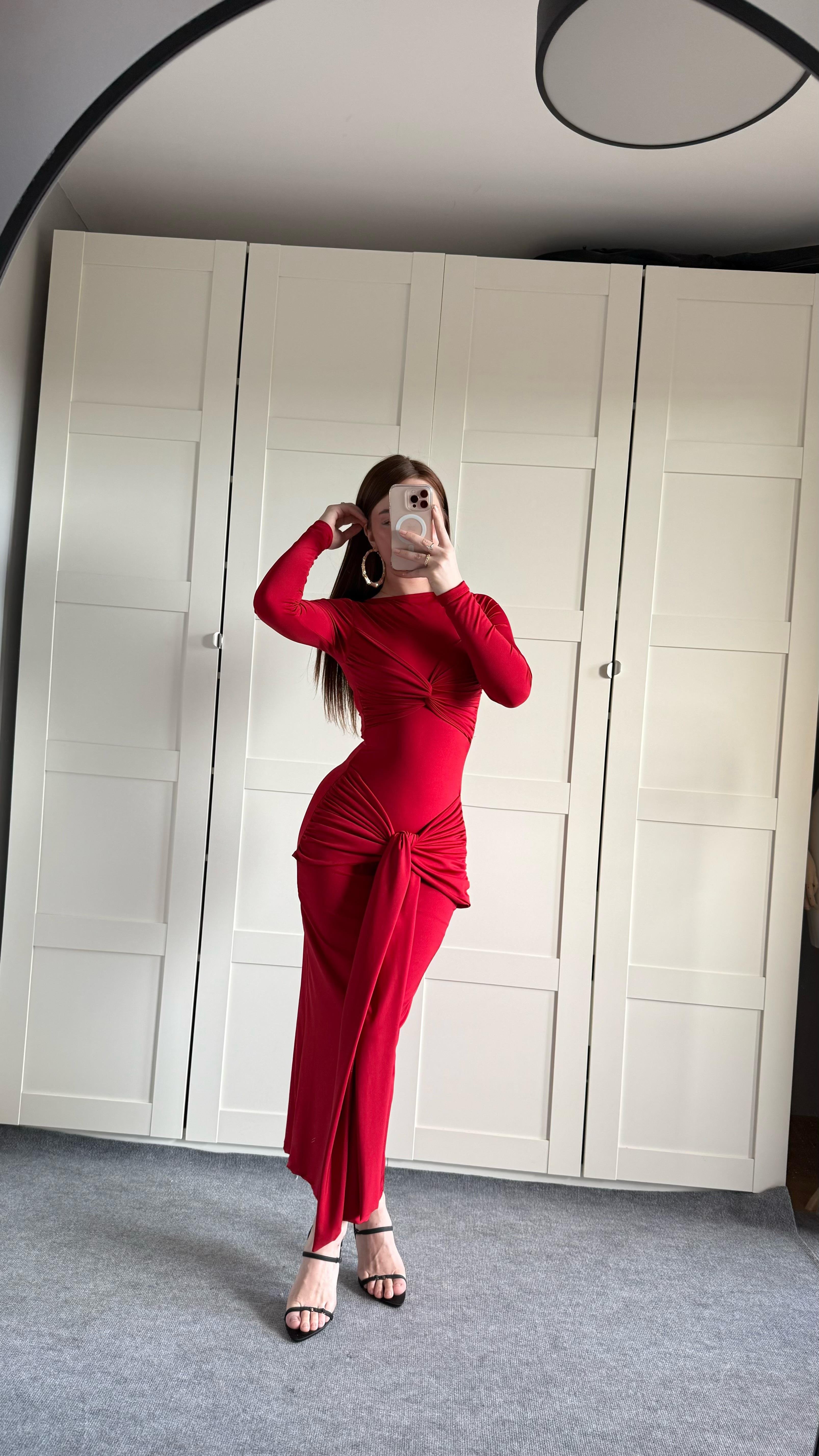 Lilianna Bağlamalı Elbise Kırmızı