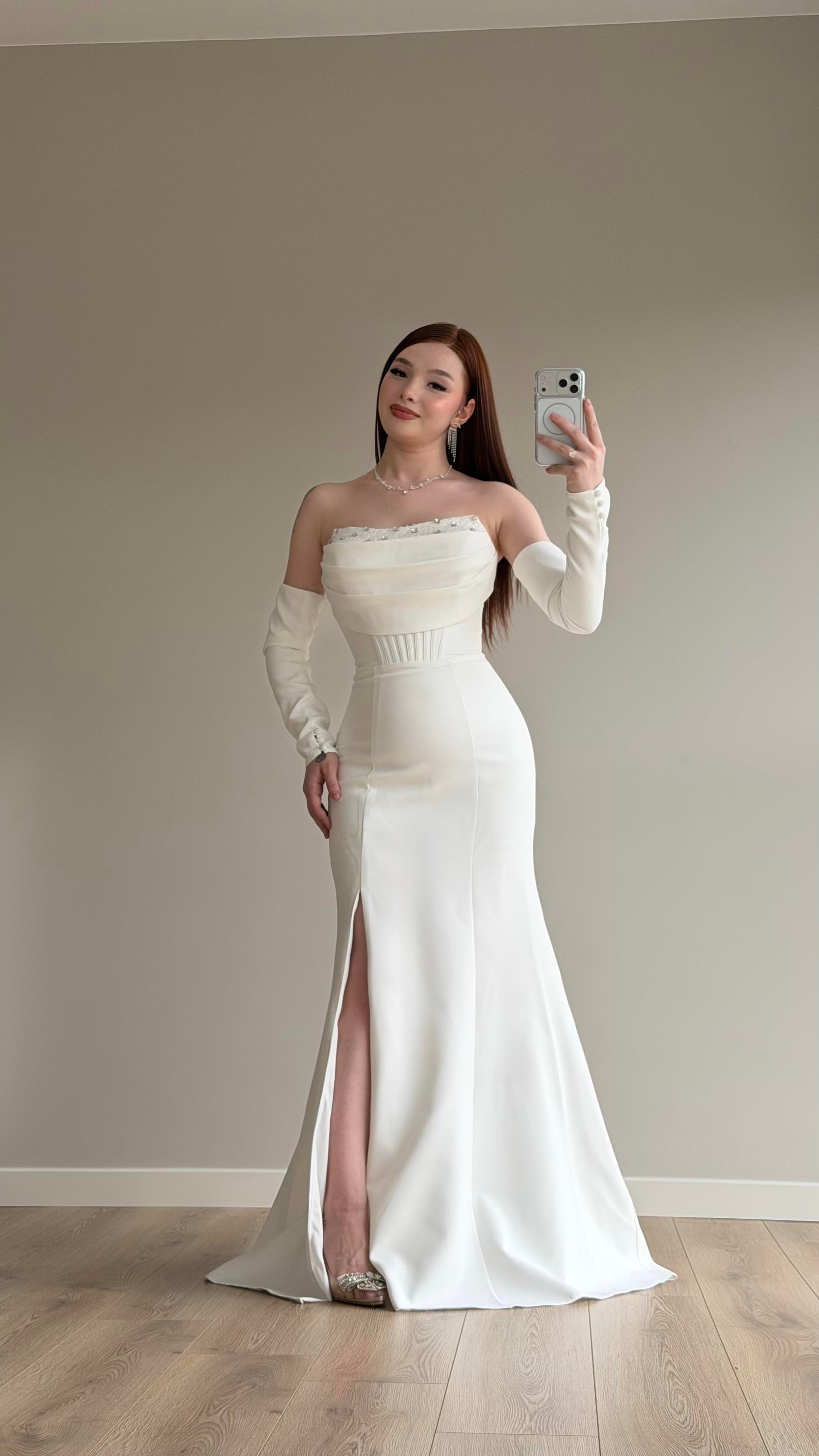 Lina Önü Taşlı Abiye Beyaz