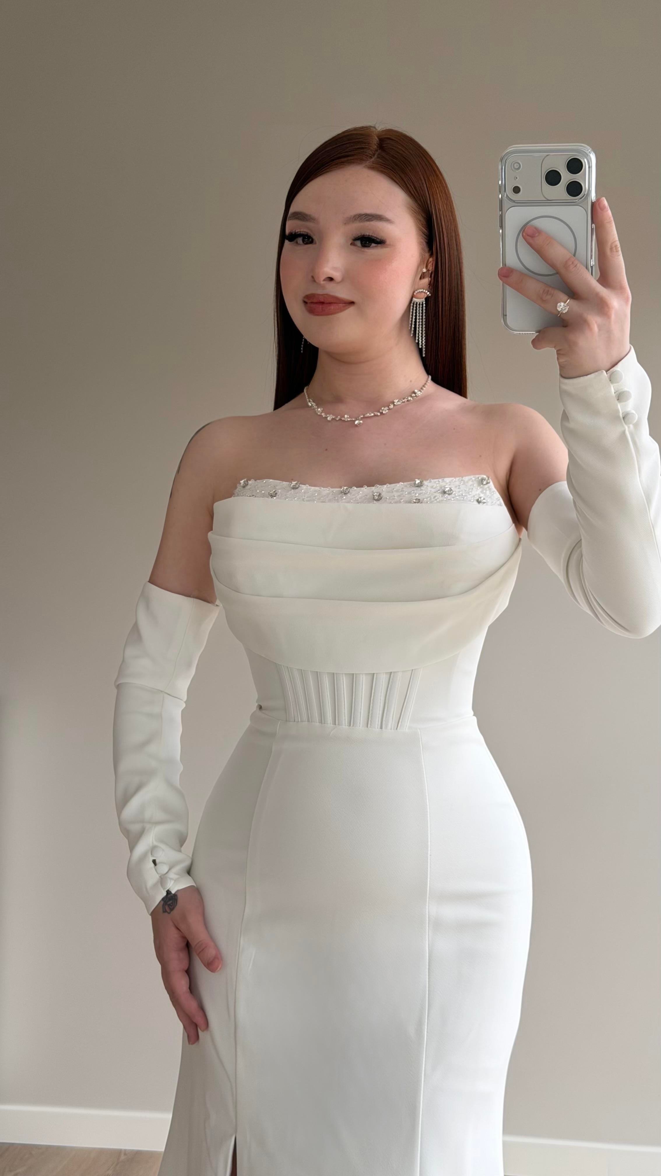 Lina Önü Taşlı Abiye Beyaz