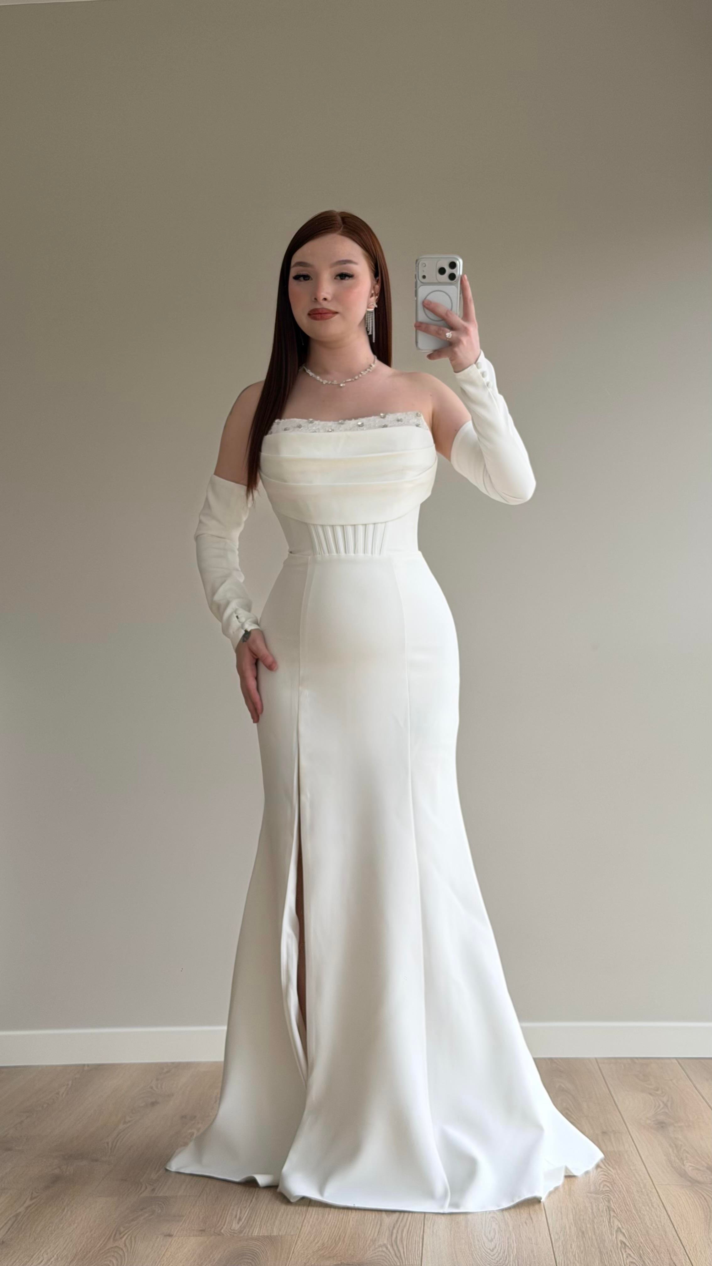 Lina Önü Taşlı Abiye Beyaz