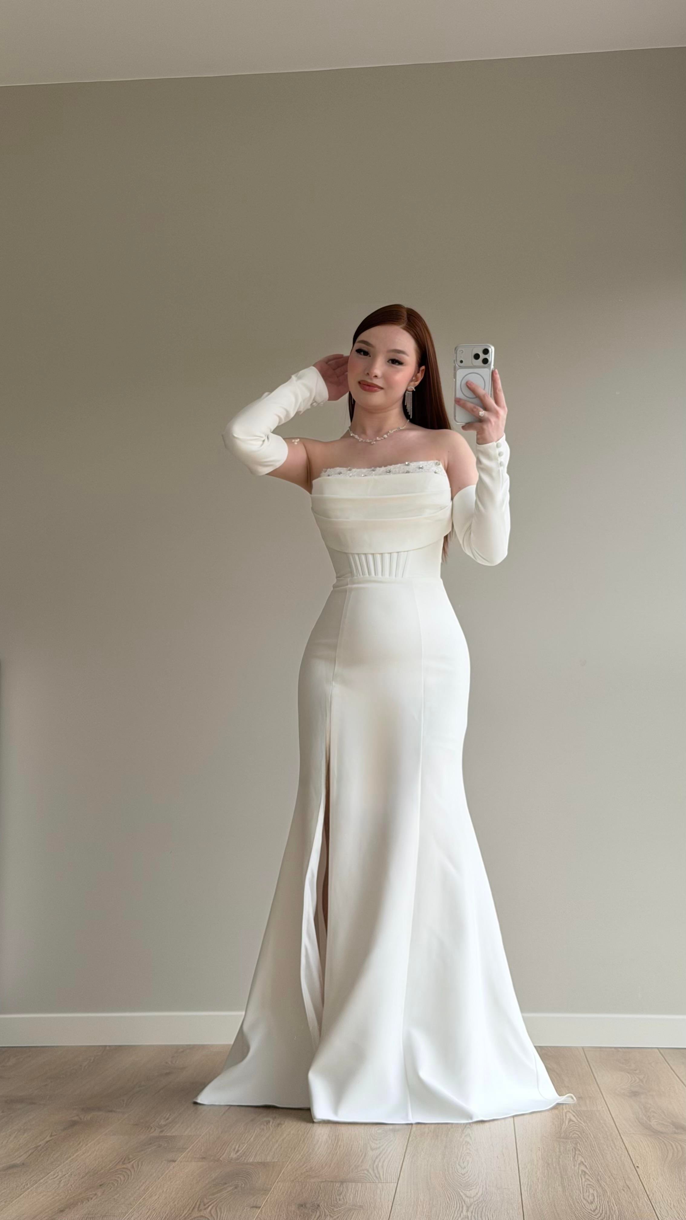 Lina Önü Taşlı Abiye Beyaz