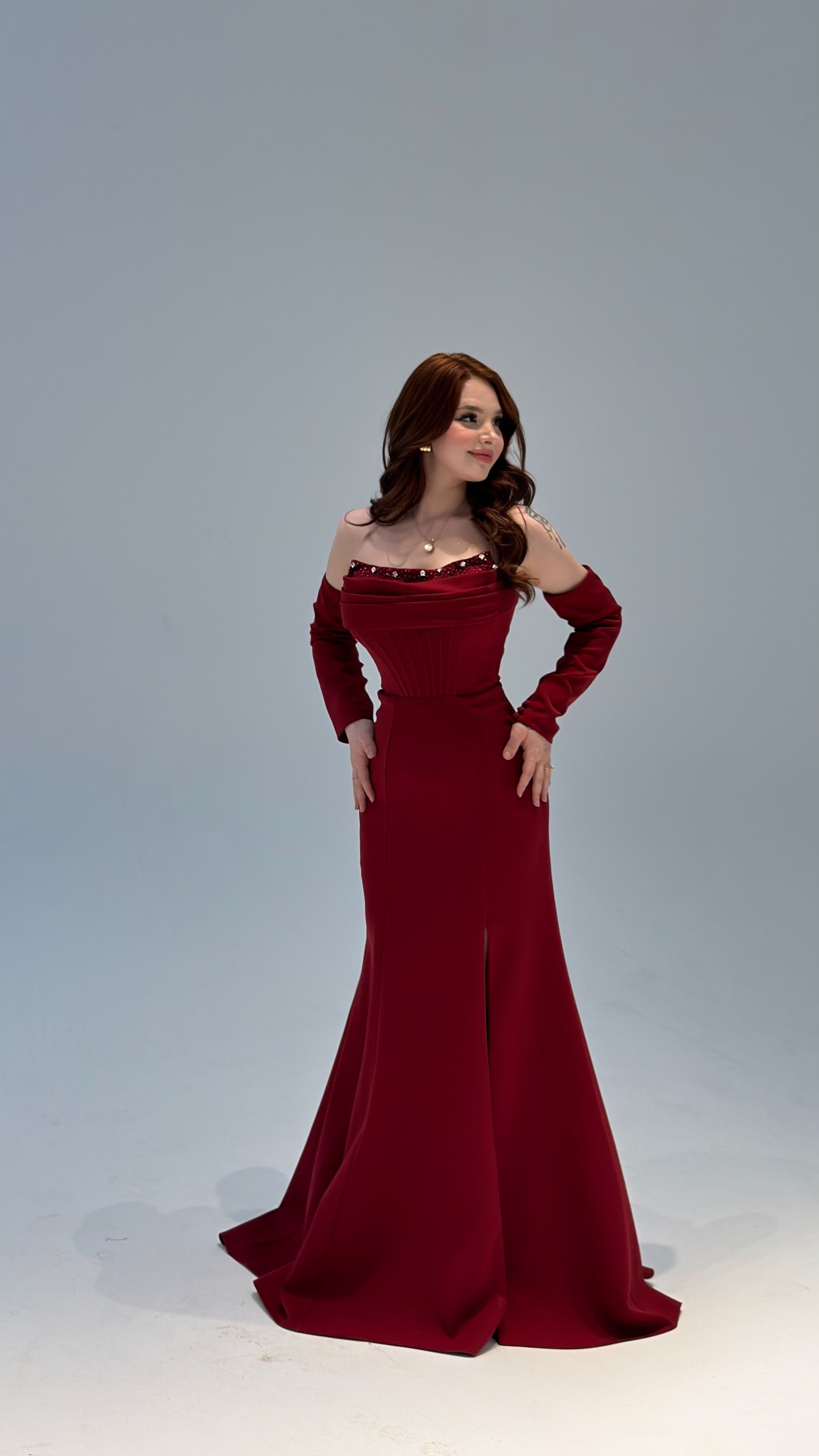 Lina Önü Taşlı Abiye Bordo