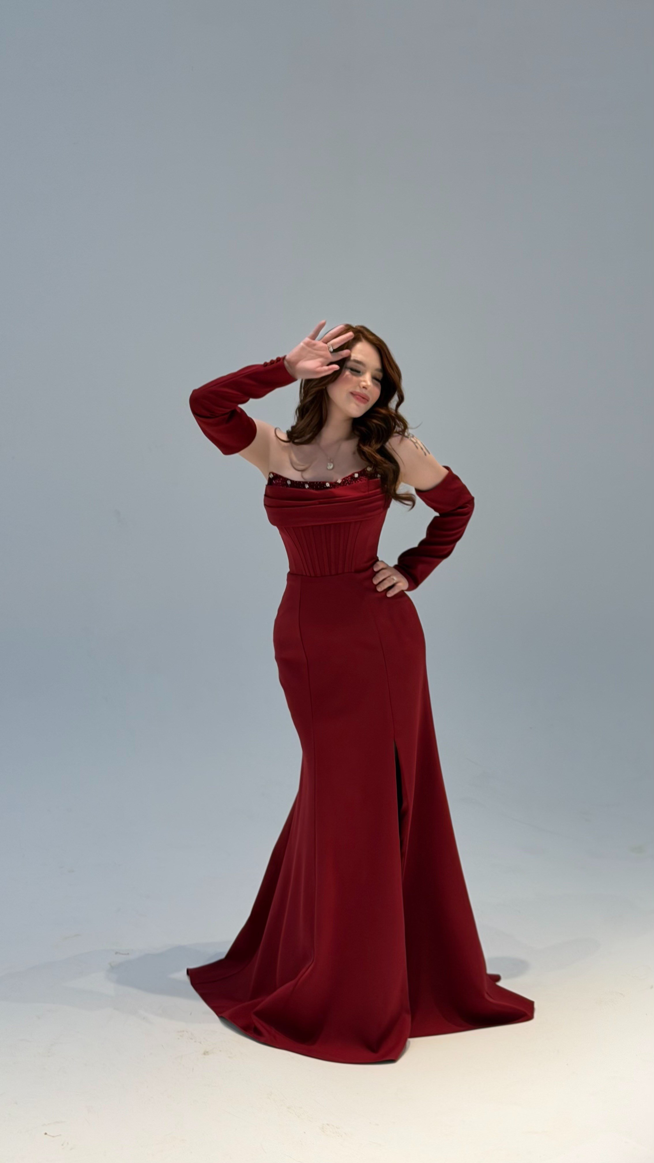 Lina Önü Taşlı Abiye Bordo