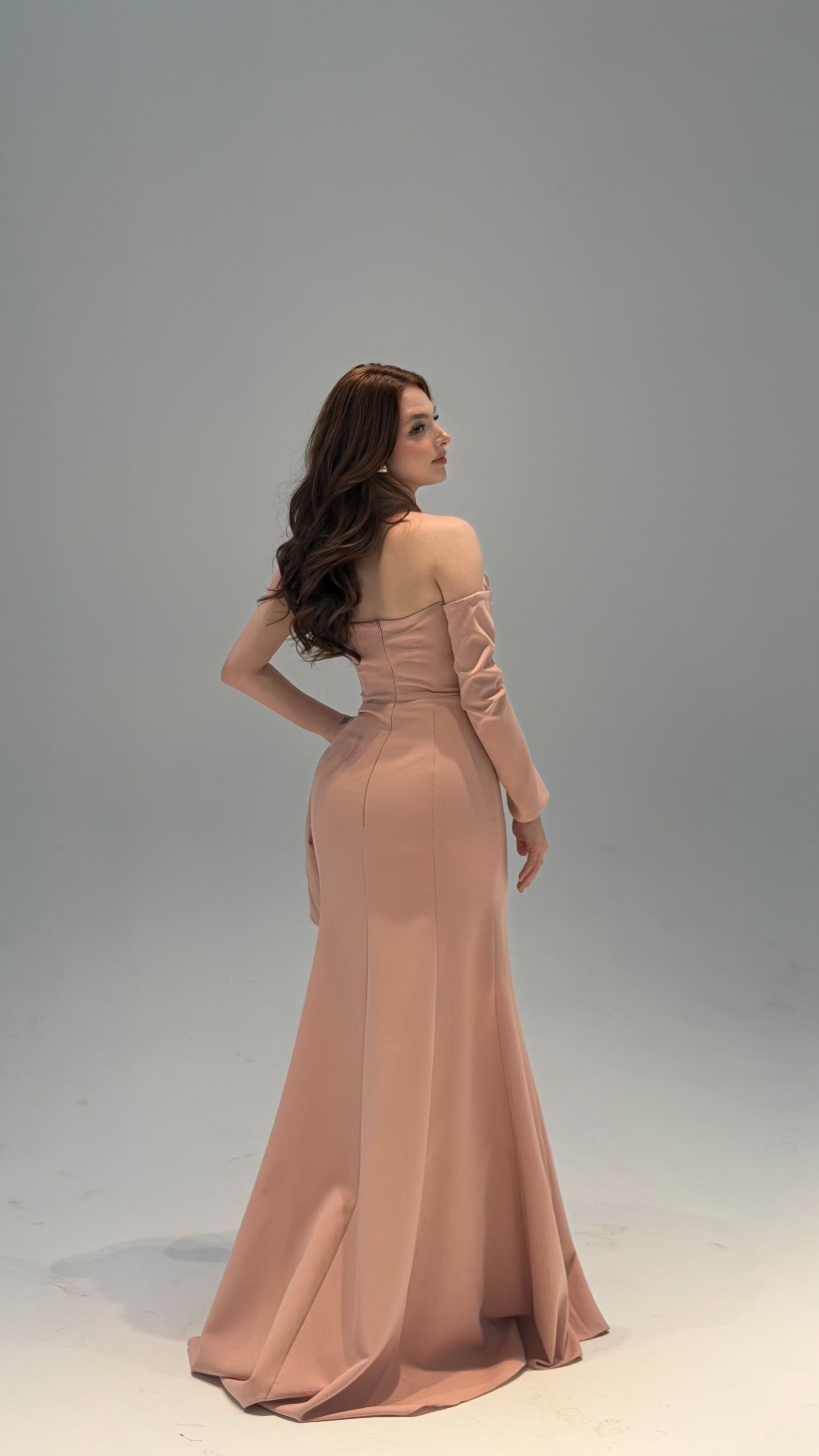 Lina Önü Taşlı Abiye Pudra Pembesi