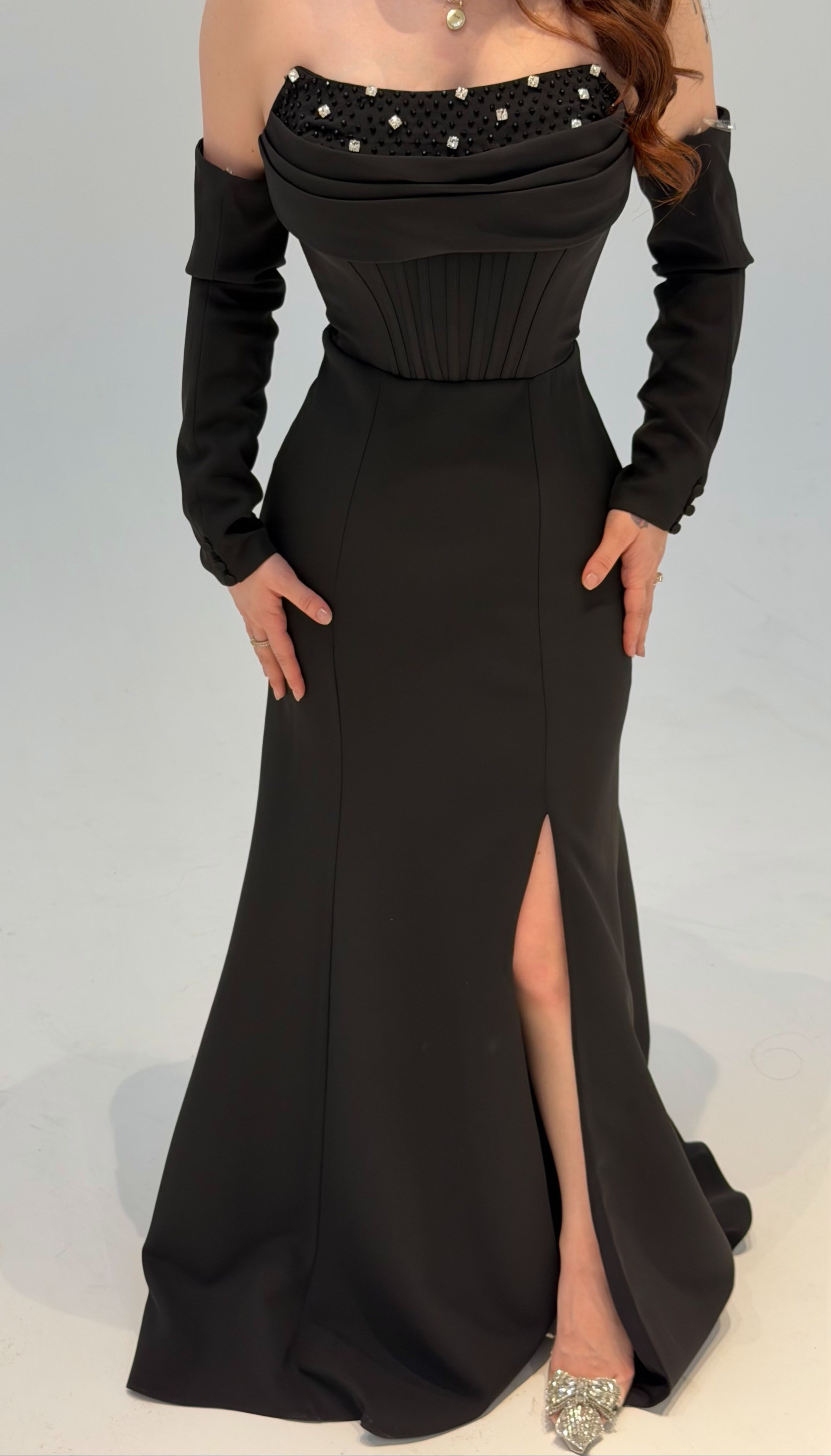 Lina Önü Taşlı Abiye Siyah