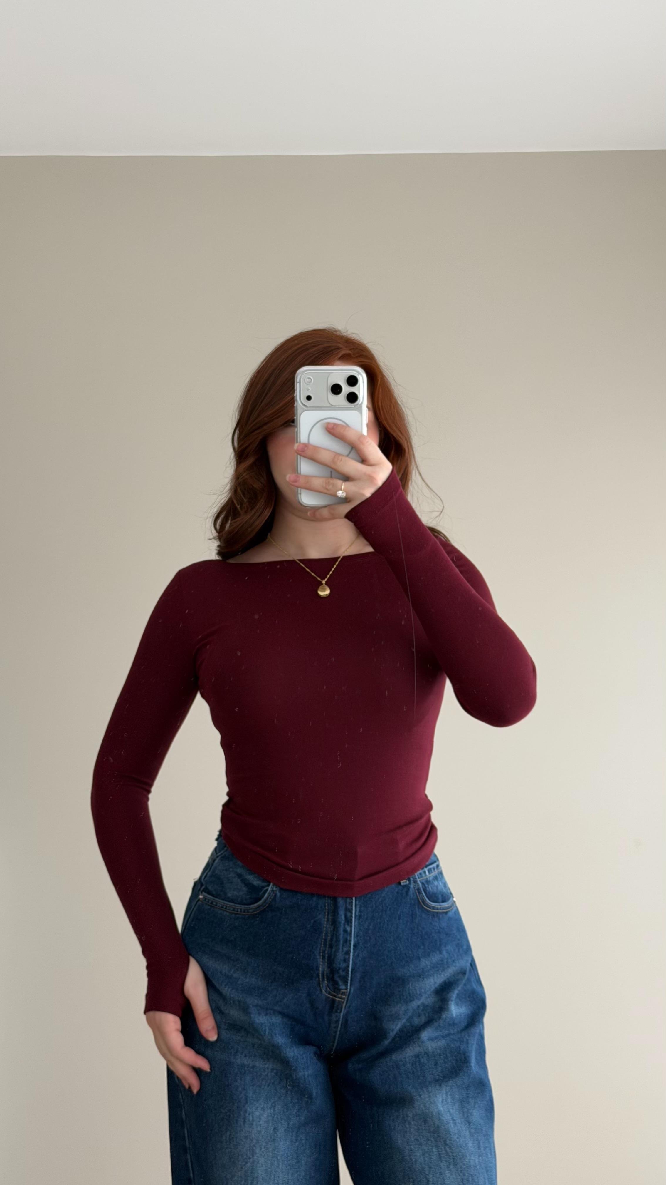 London Basıc Kayık Yaka Bluz Bordo