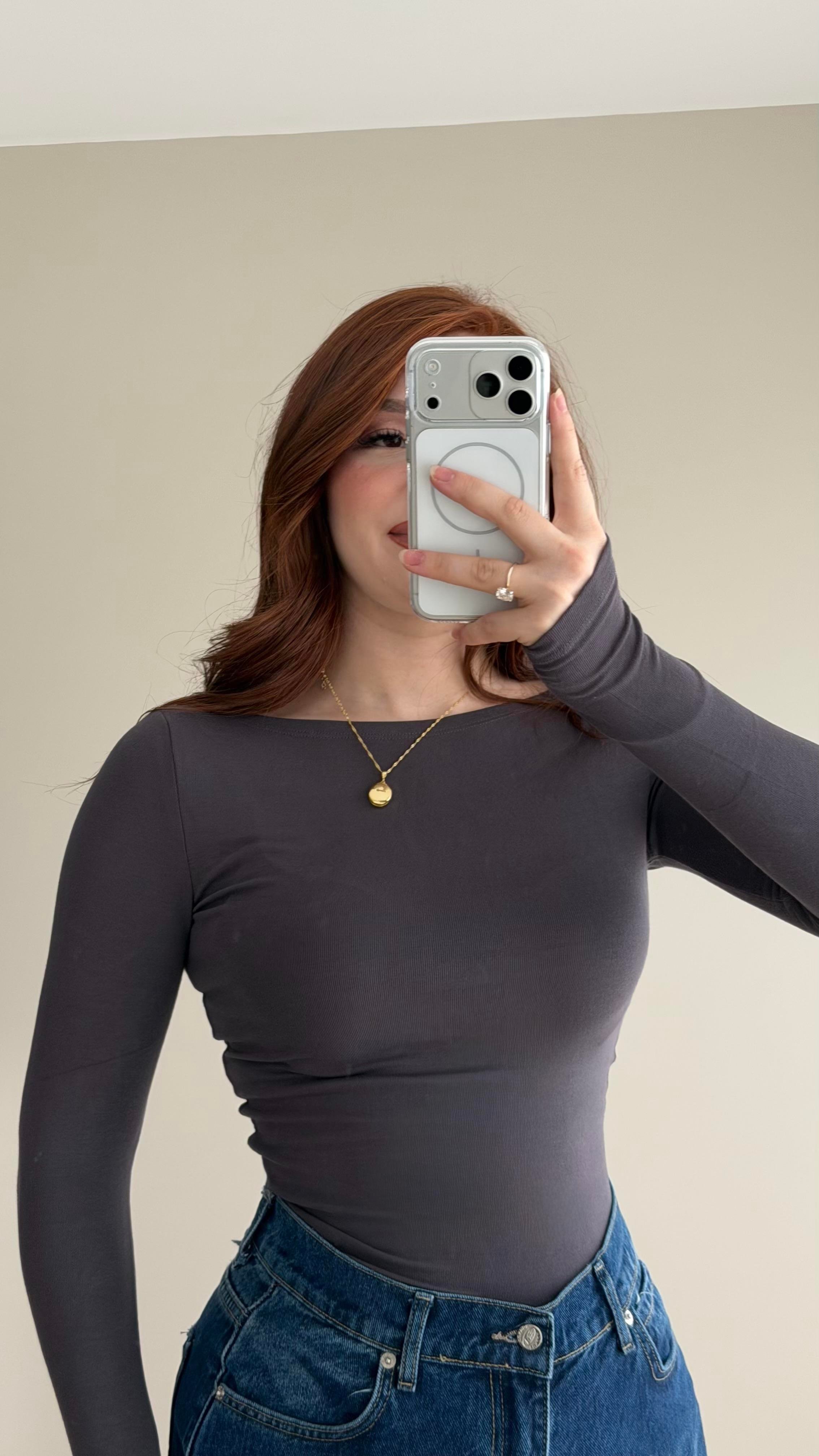 London Basıc Kayık Yaka Bluz Gri