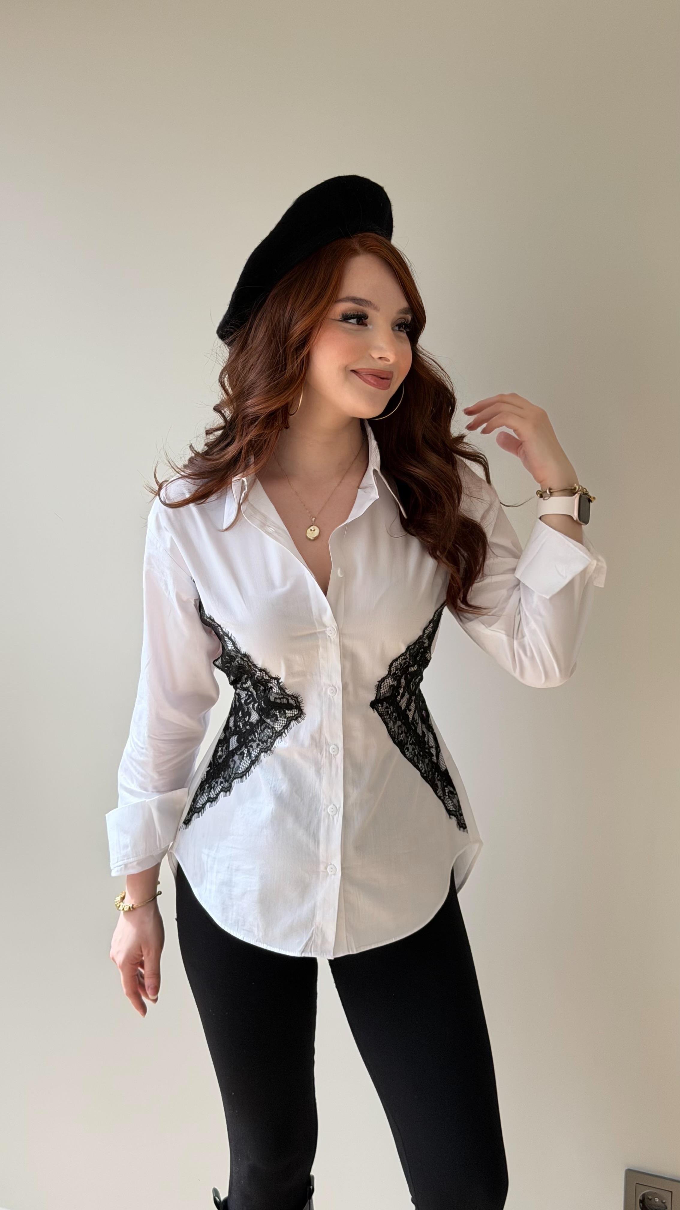 Lovemio Dantel Detaylı Belden Bağlamalı Gömlek Beyaz