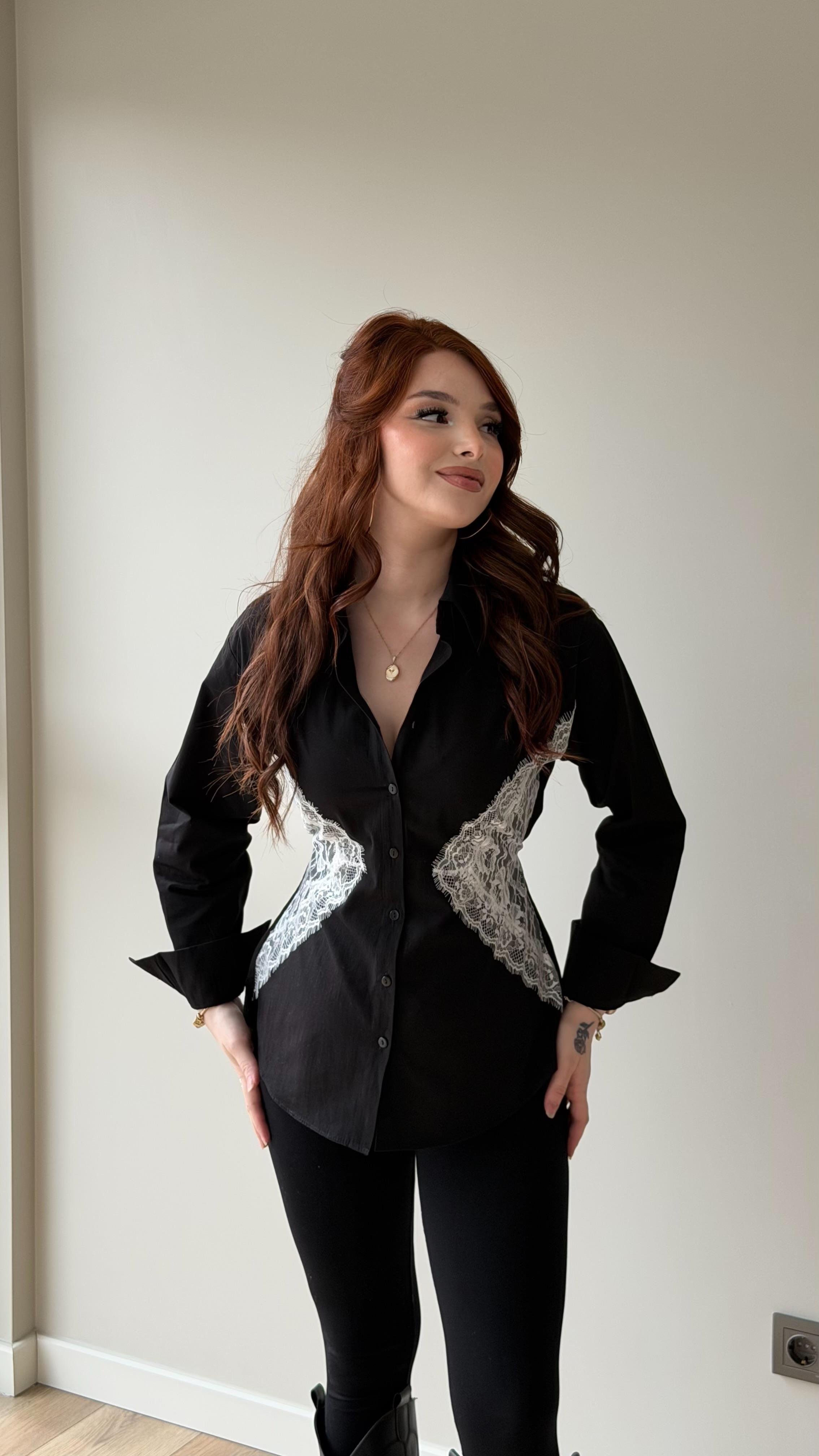 Lovemio Dantel Detaylı Belden Bağlamalı Gömlek Siyah