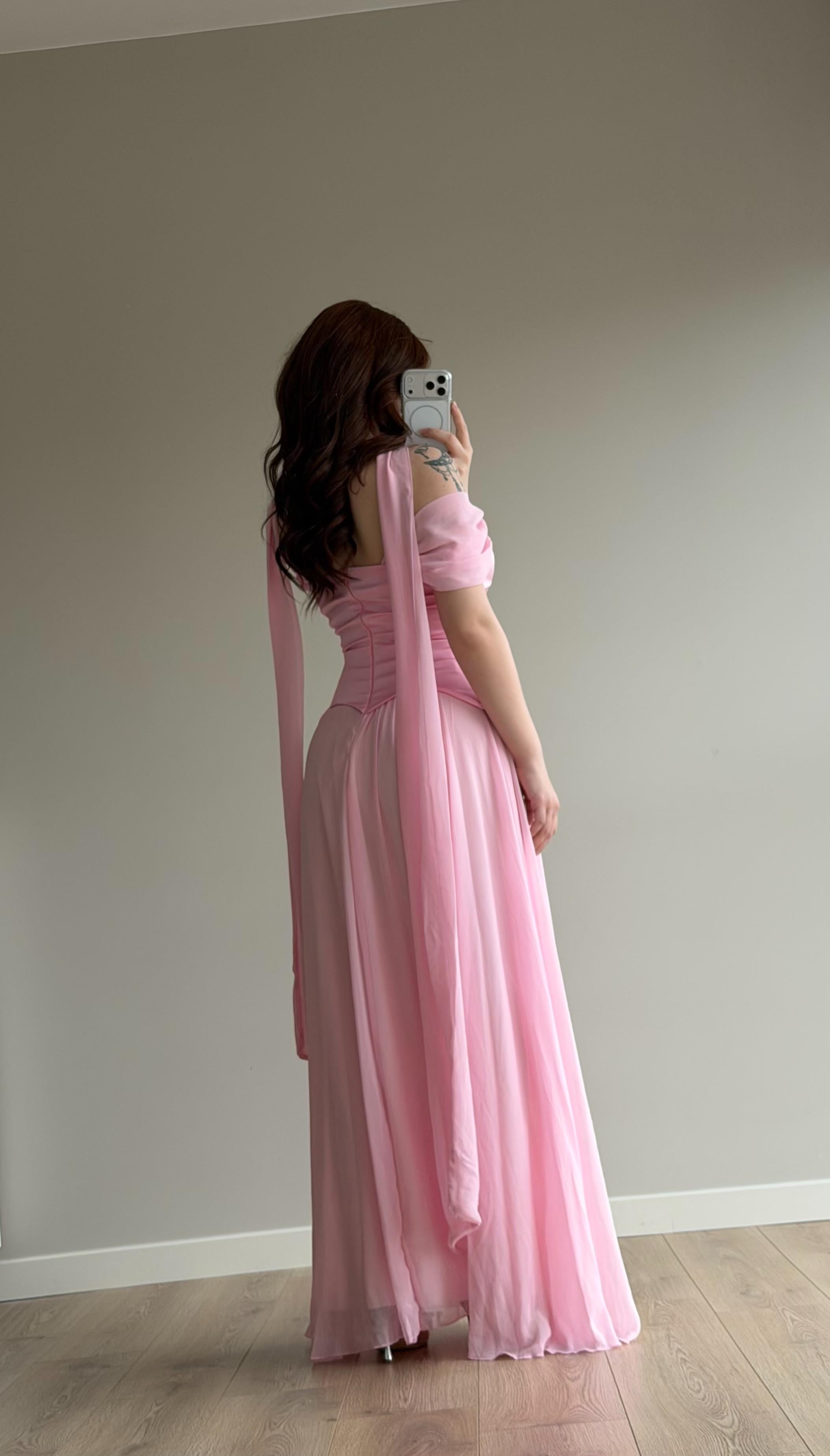 Luvia Saten Korseli Fularlı Abiye Pembe