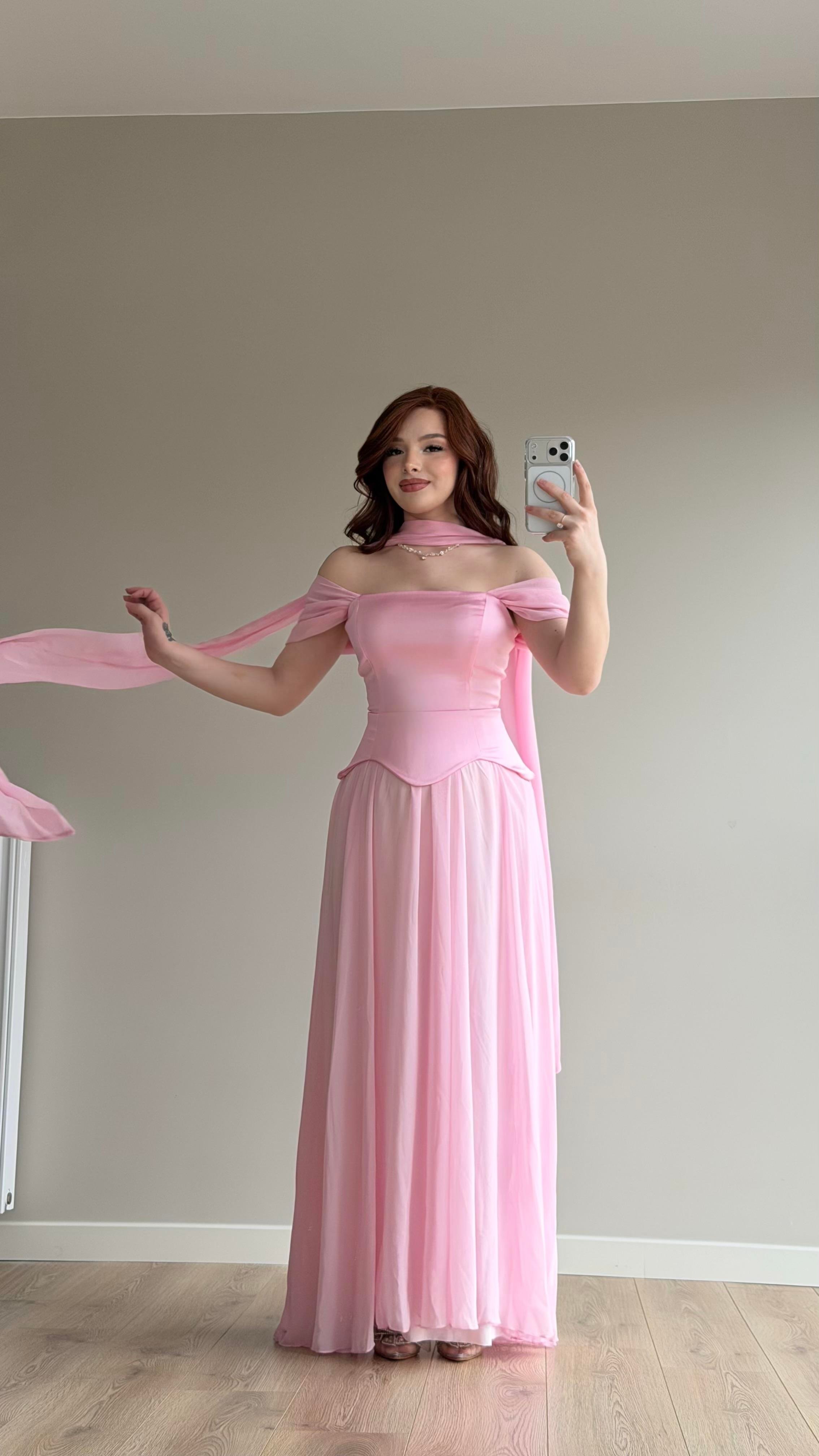 Luvia Saten Korseli Fularlı Abiye Pembe
