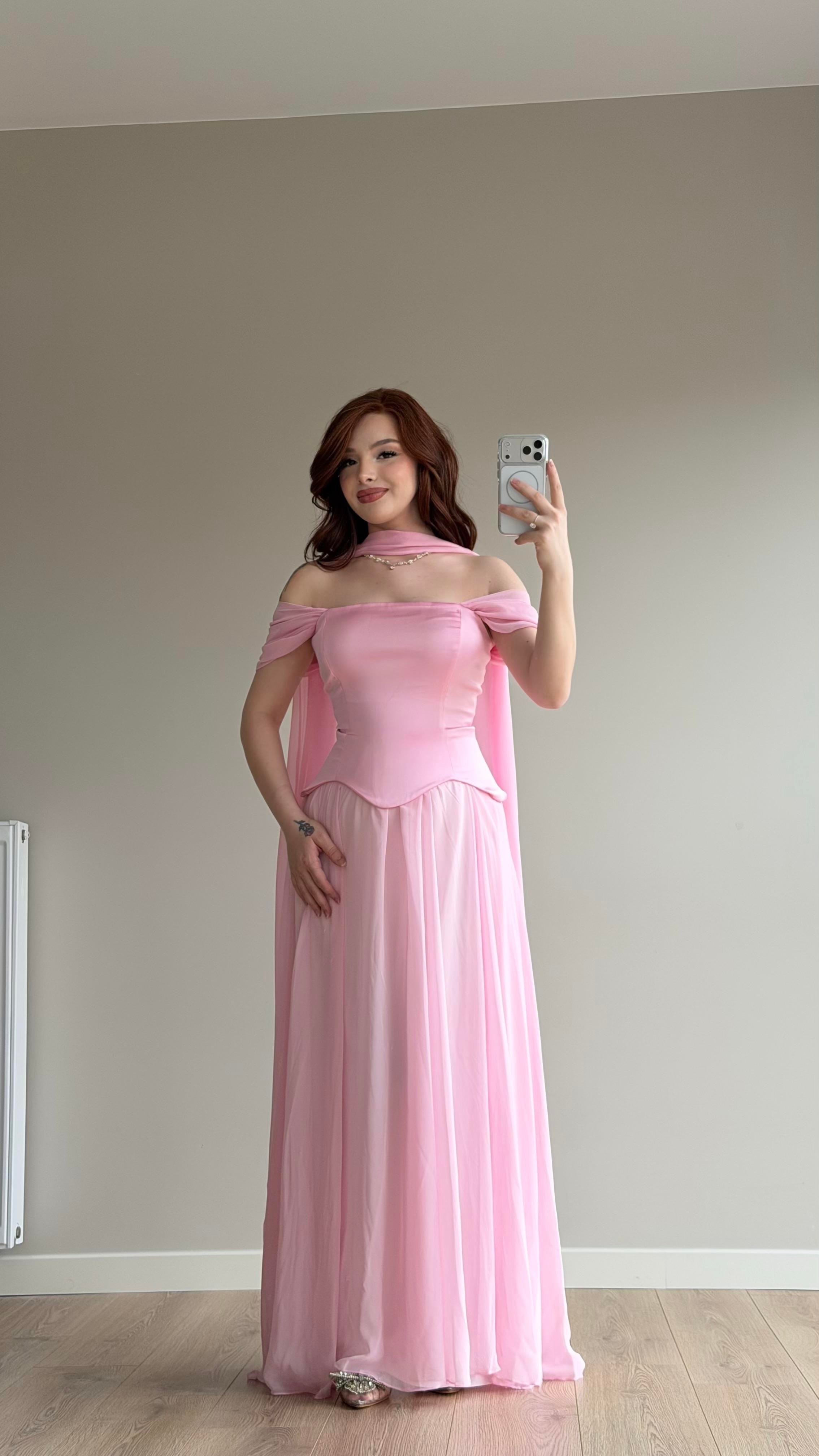 Luvia Saten Korseli Fularlı Abiye Pembe
