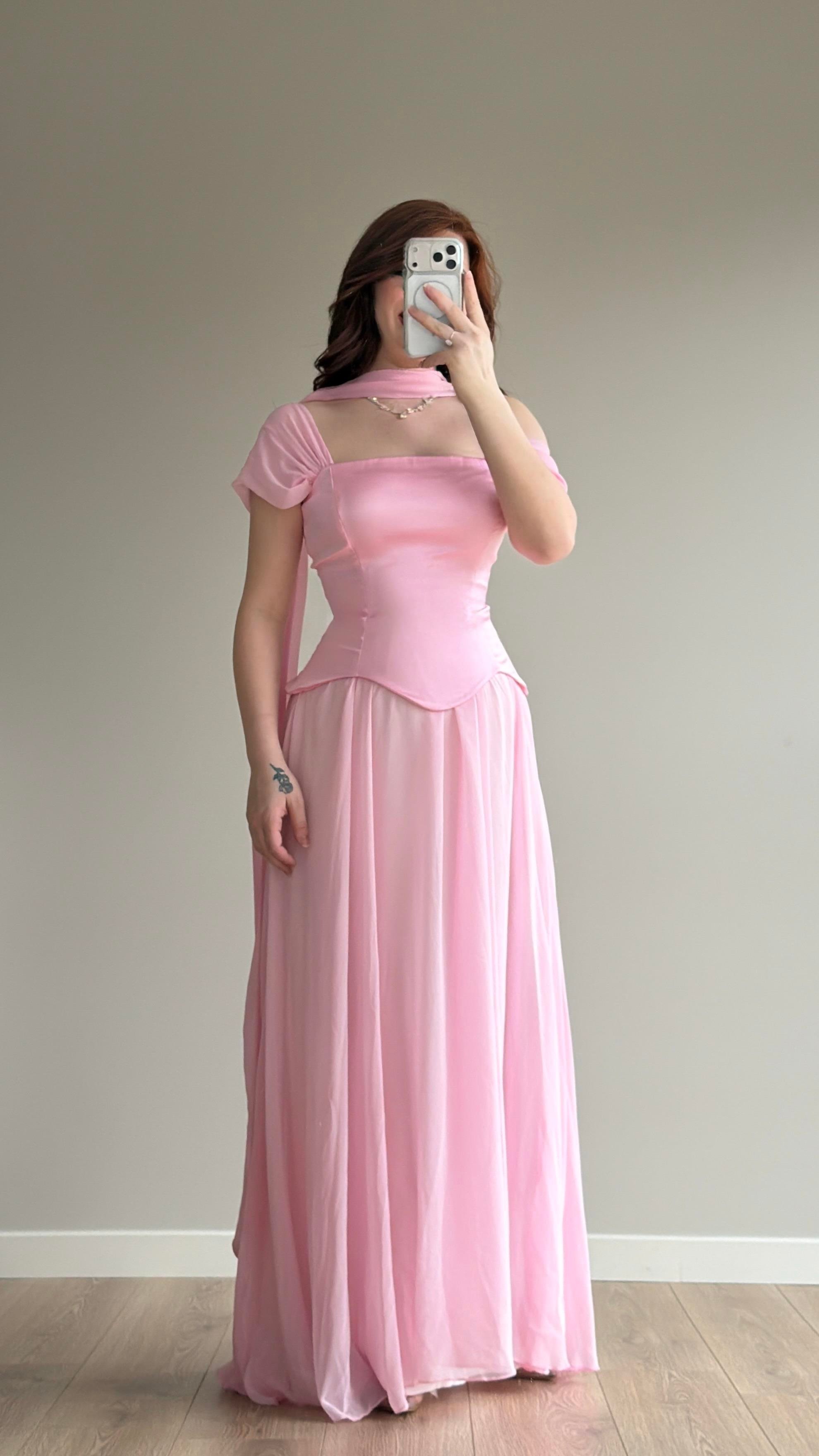 Luvia Saten Korseli Fularlı Abiye Pembe