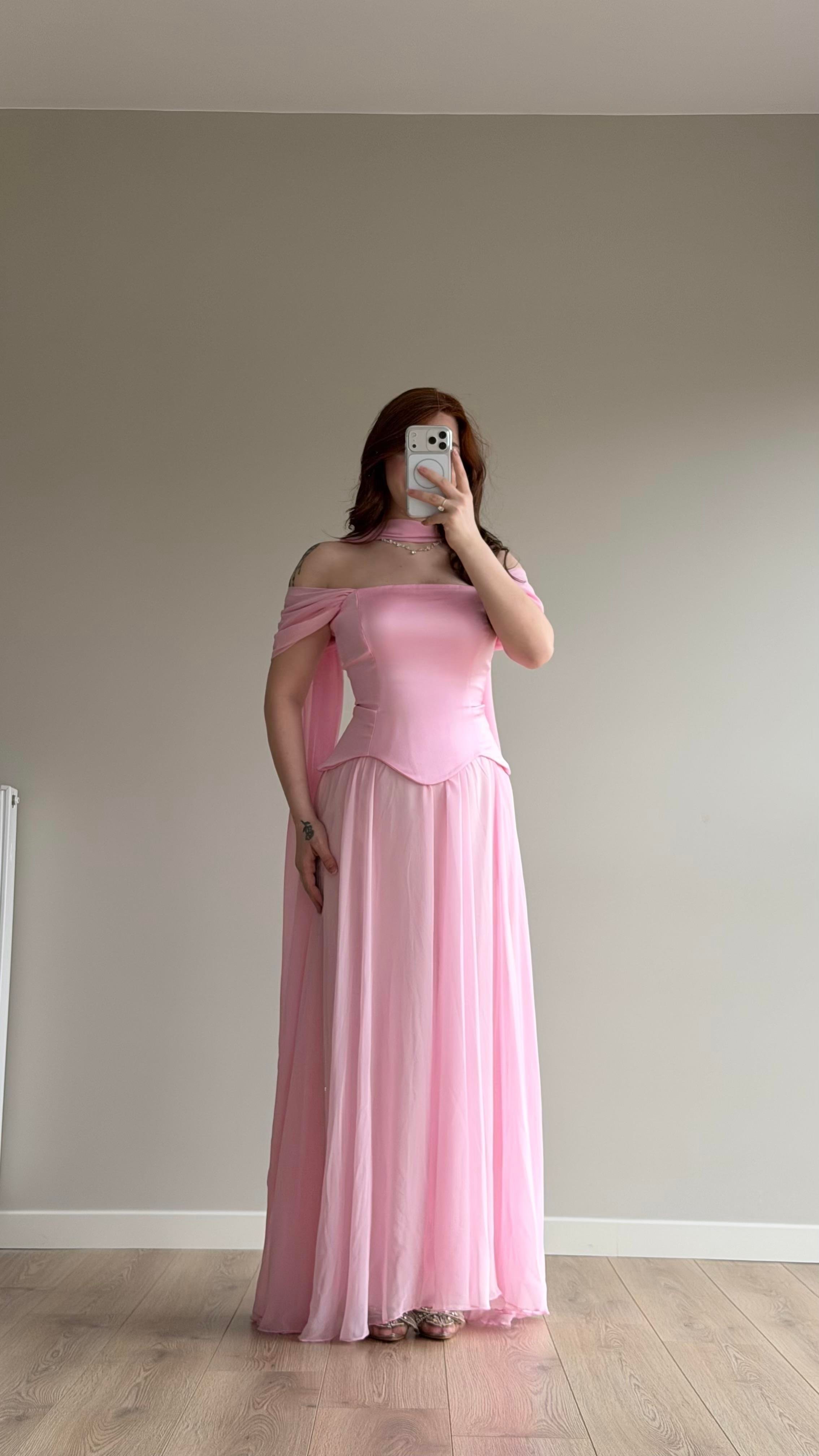 Luvia Saten Korseli Fularlı Abiye Pembe