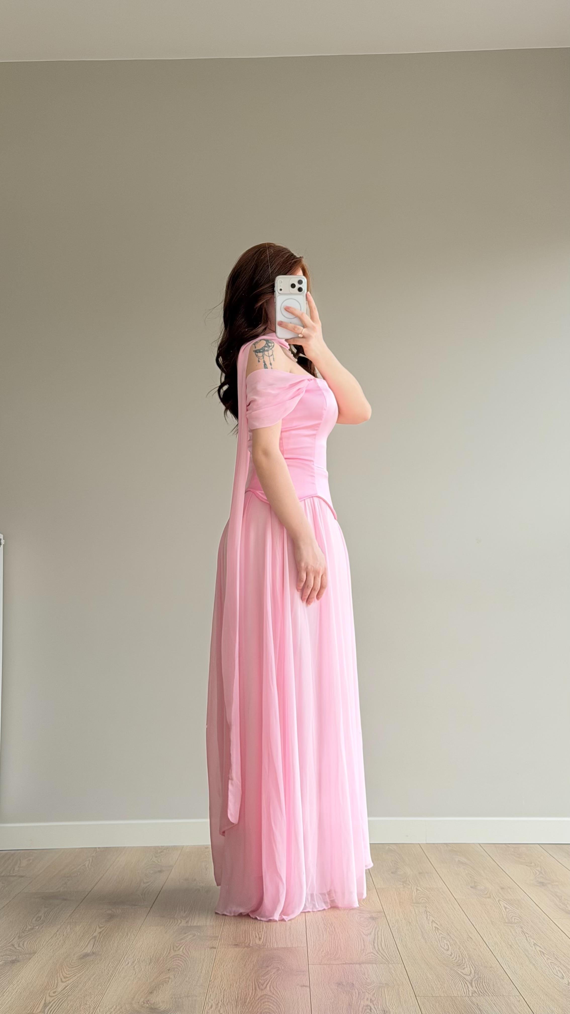 Luvia Saten Korseli Fularlı Abiye Pembe