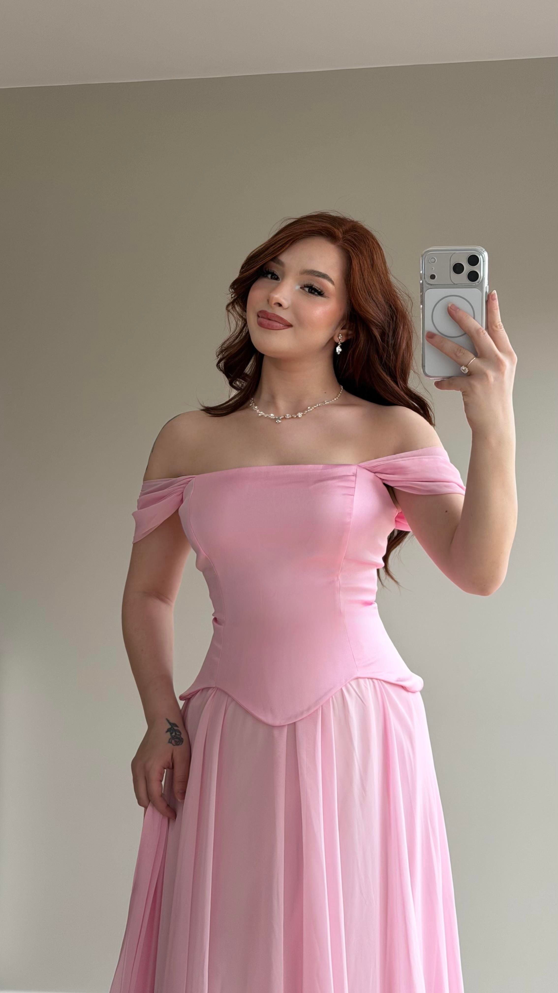 Luvia Saten Korseli Fularlı Abiye Pembe
