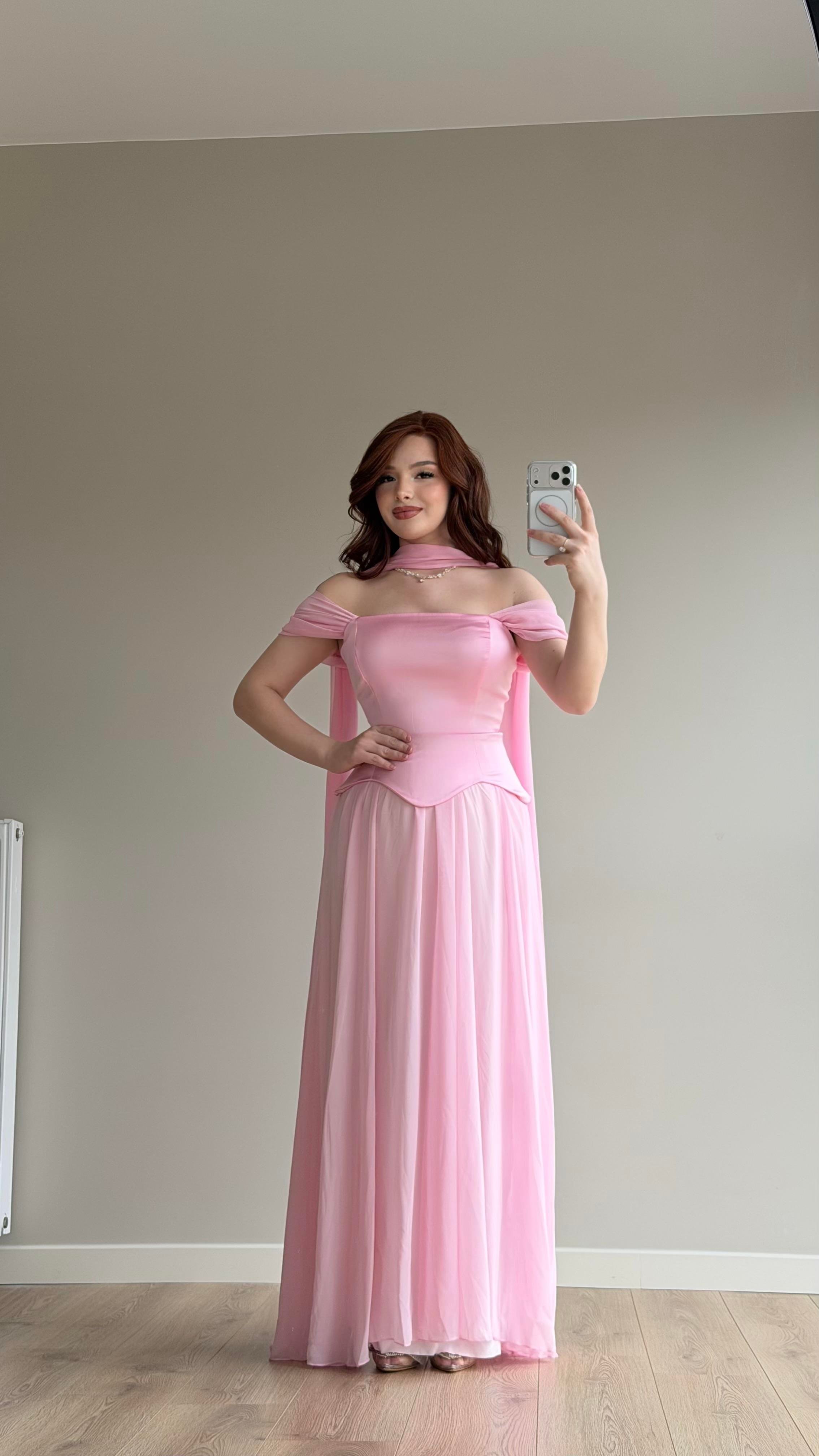 Luvia Saten Korseli Fularlı Abiye Pembe