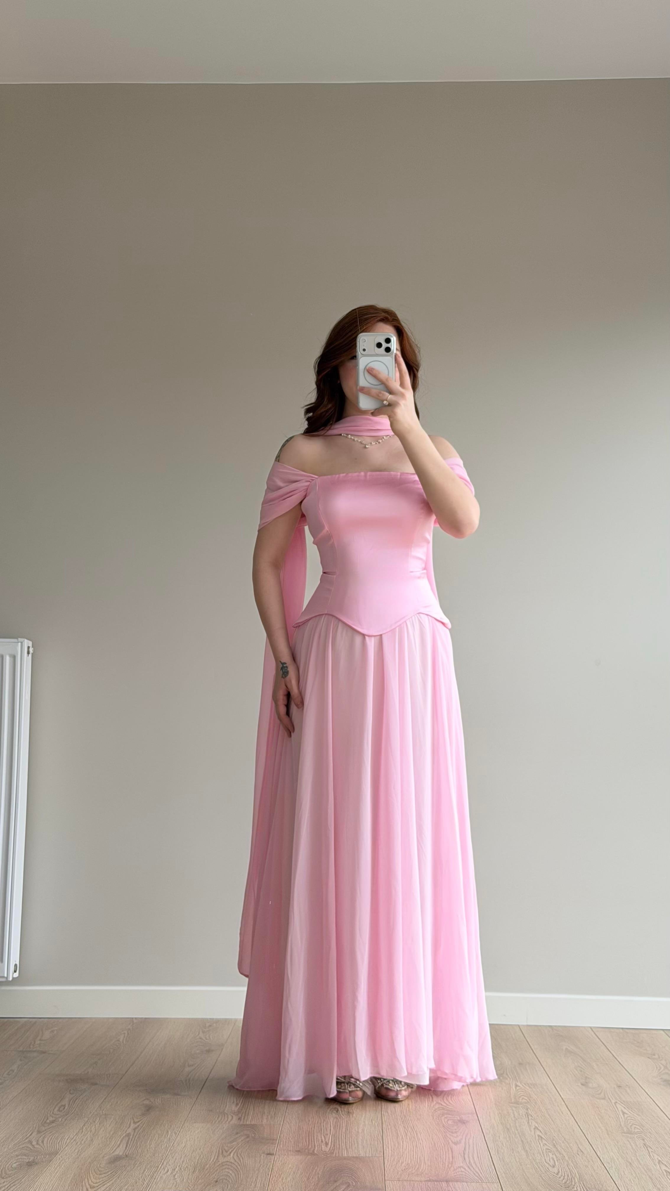 Luvia Saten Korseli Fularlı Abiye Pembe