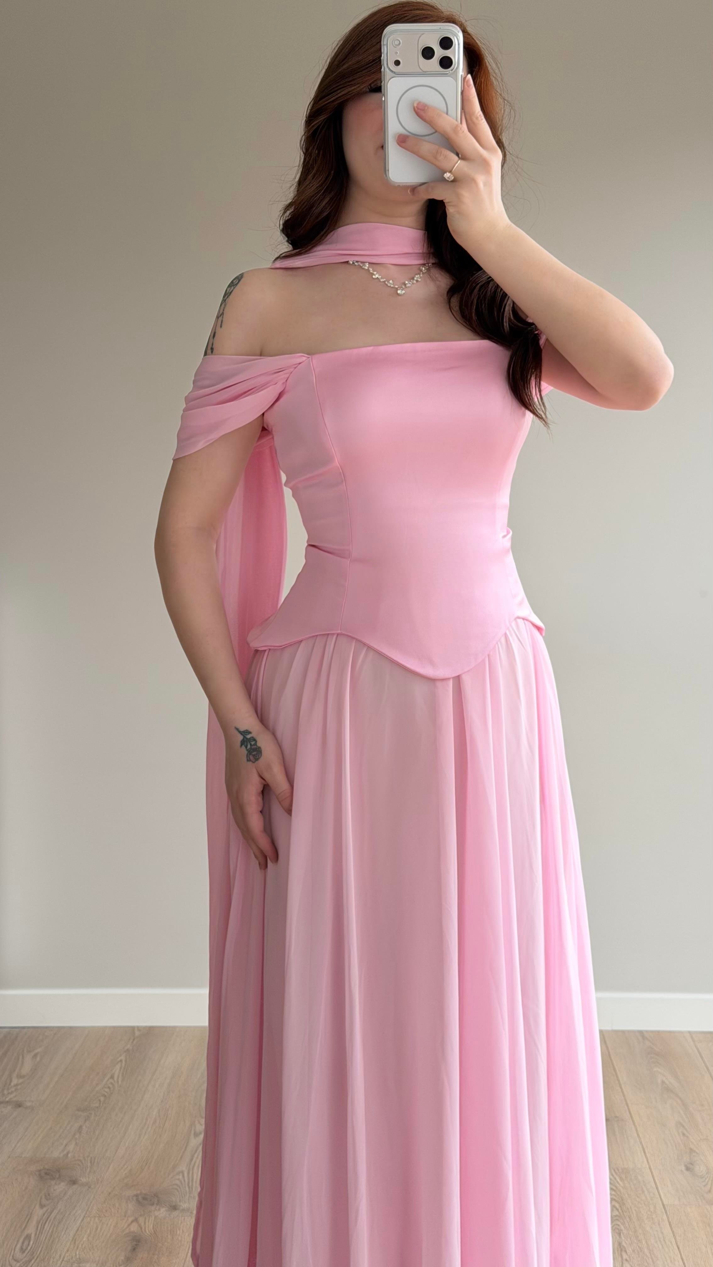 Luvia Saten Korseli Fularlı Abiye Pembe