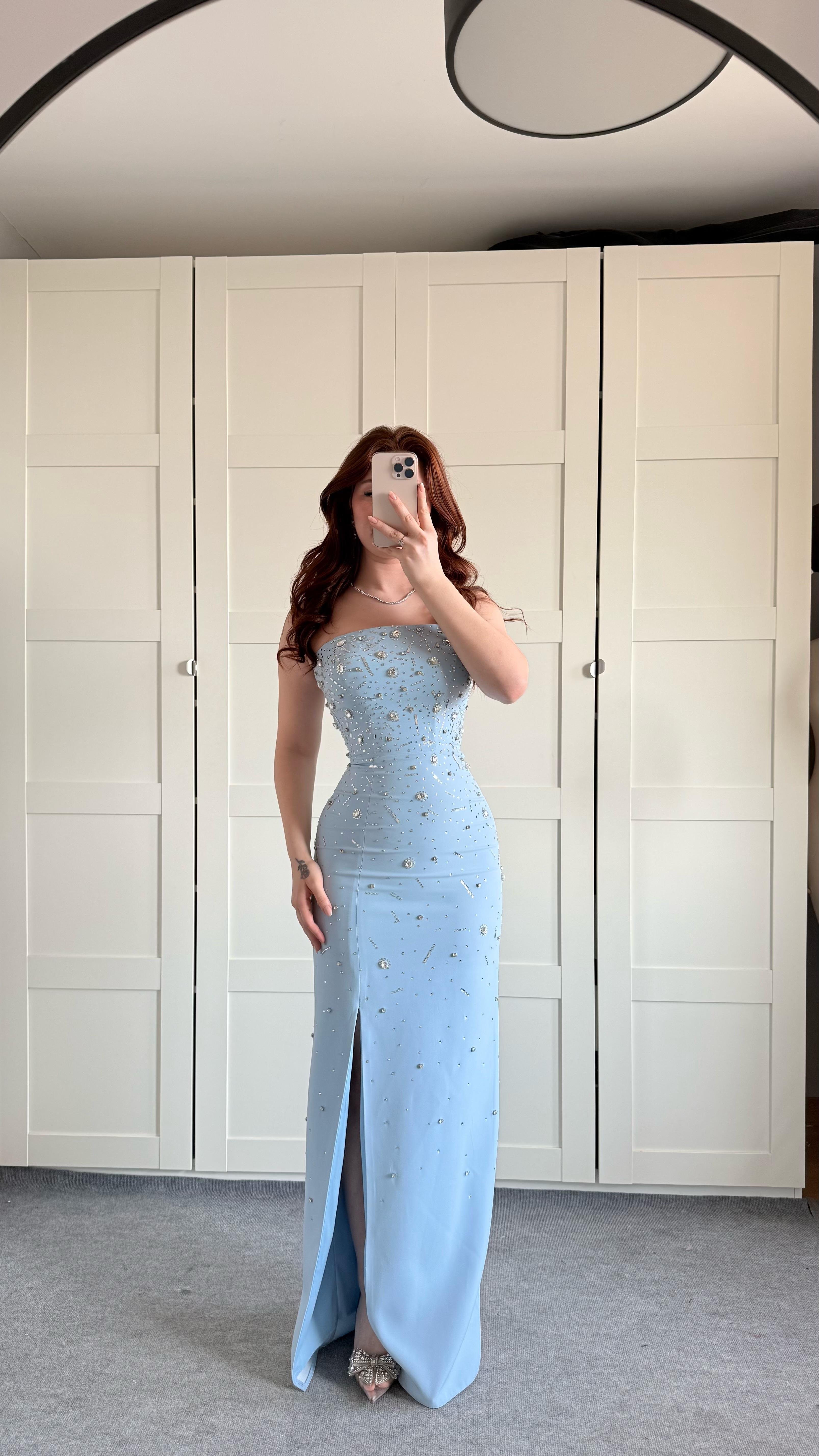 Luxury Straplez Taşlı Abiye Bebe Mavisi