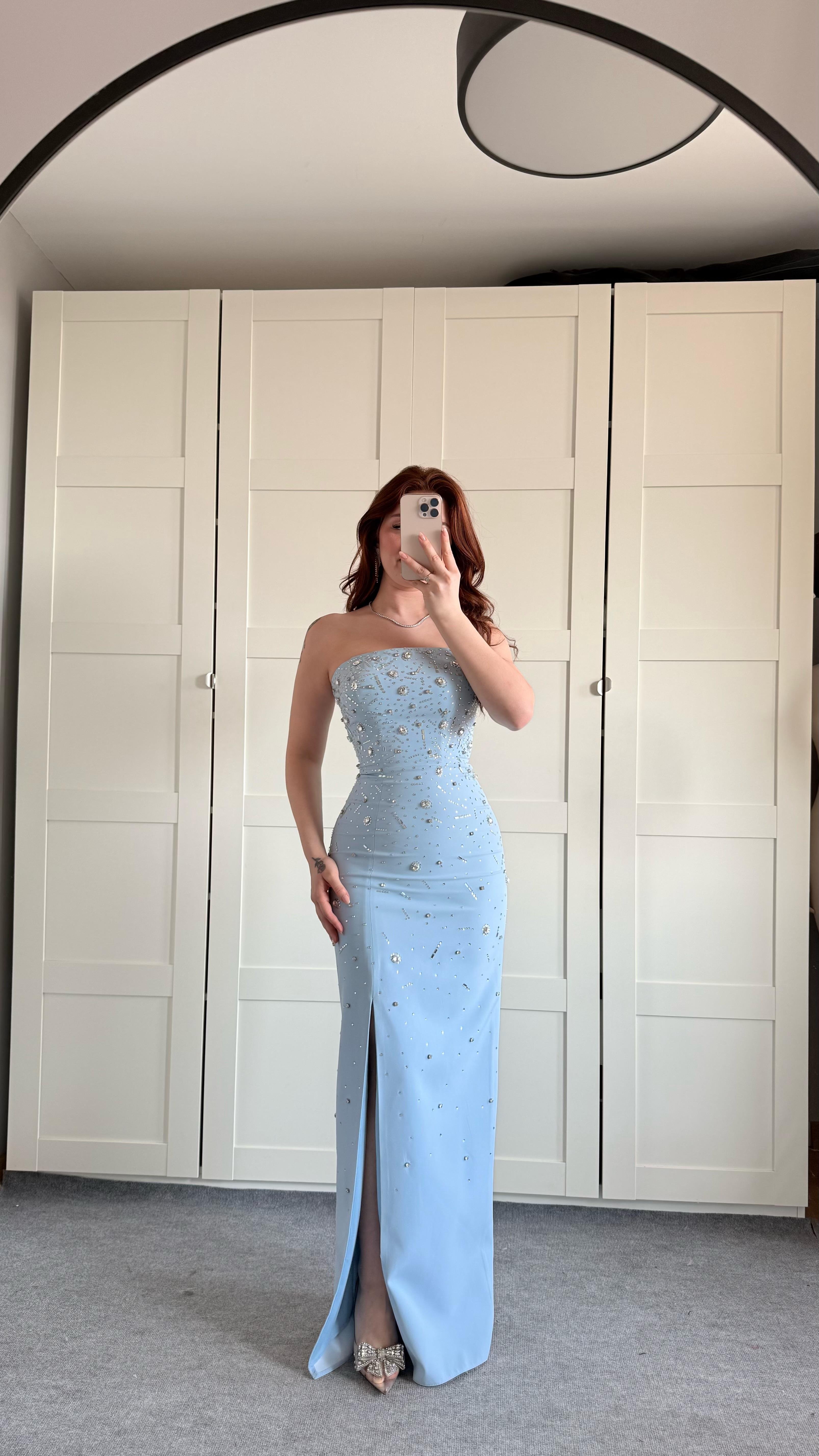 Luxury Straplez Taşlı Abiye Bebe Mavisi