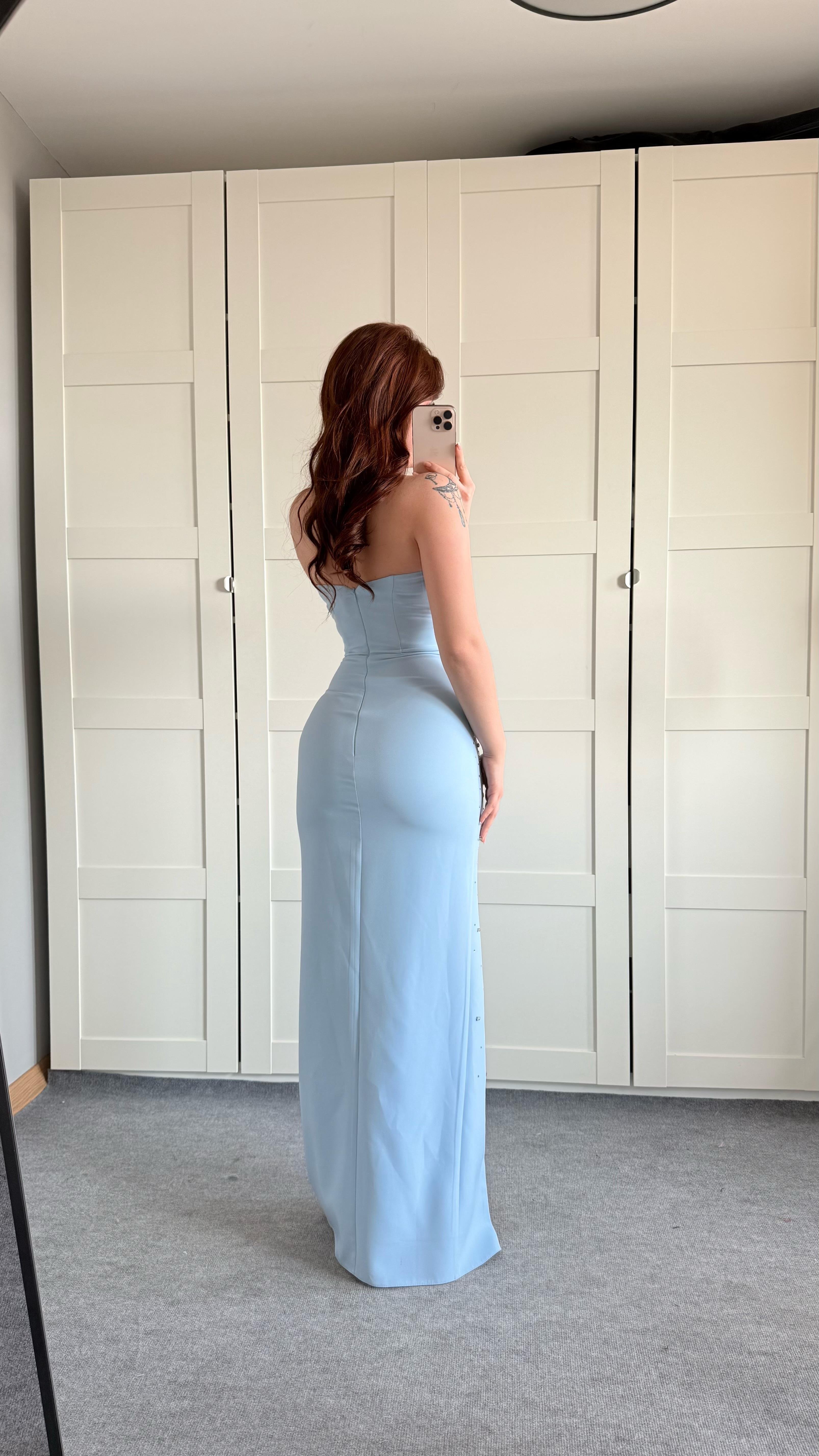 Luxury Straplez Taşlı Abiye Bebe Mavisi