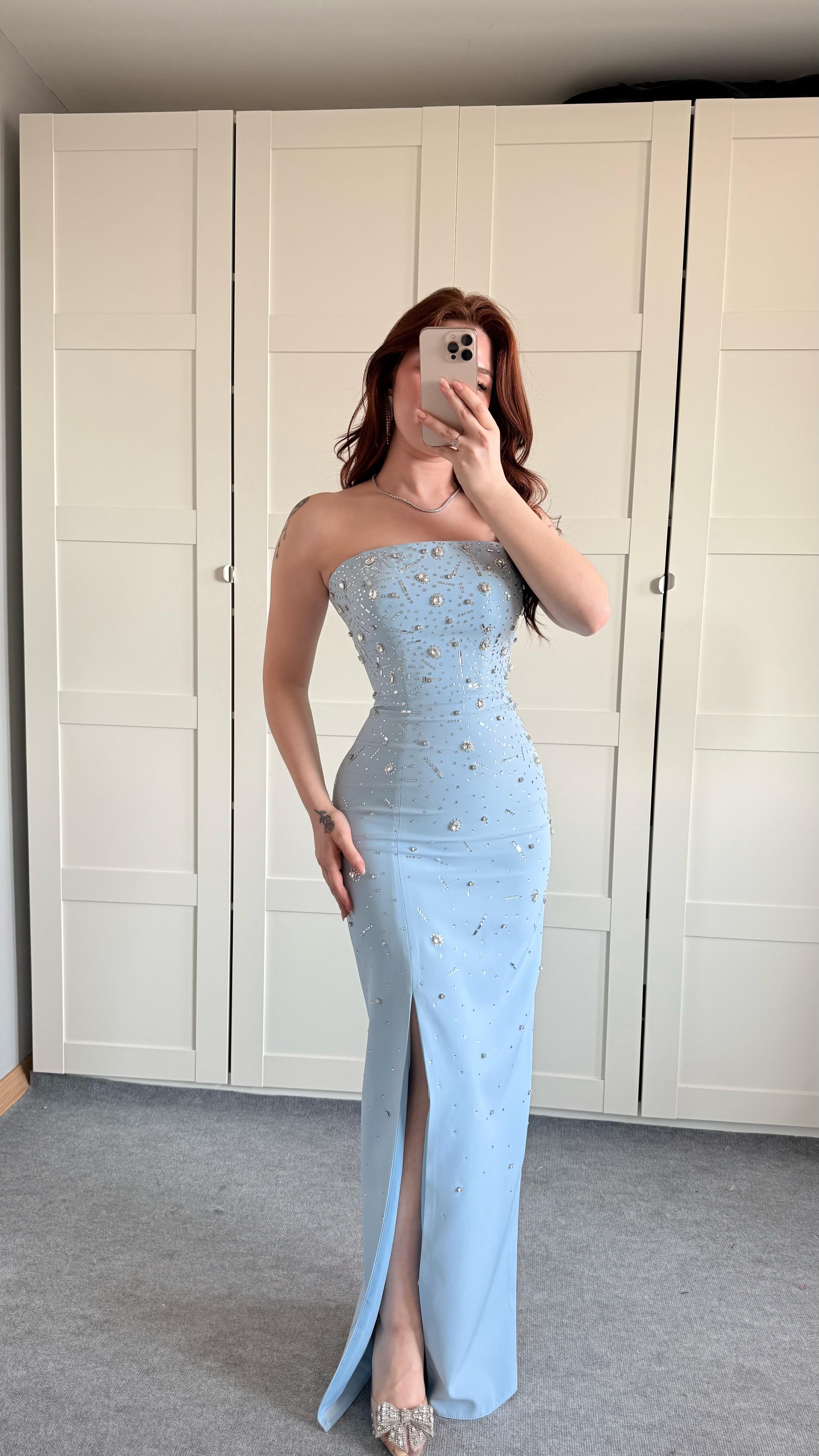 Luxury Straplez Taşlı Abiye Bebe Mavisi